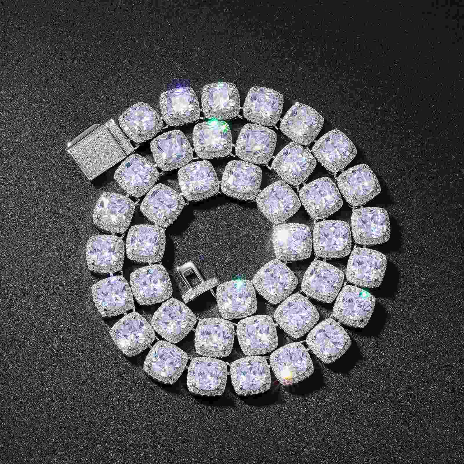 Angled view of the white gold 10mm Tennis Chain under studio lighting, highlighting cushion-cut CZ diamonds and tarnish-resistant gold-plated copper