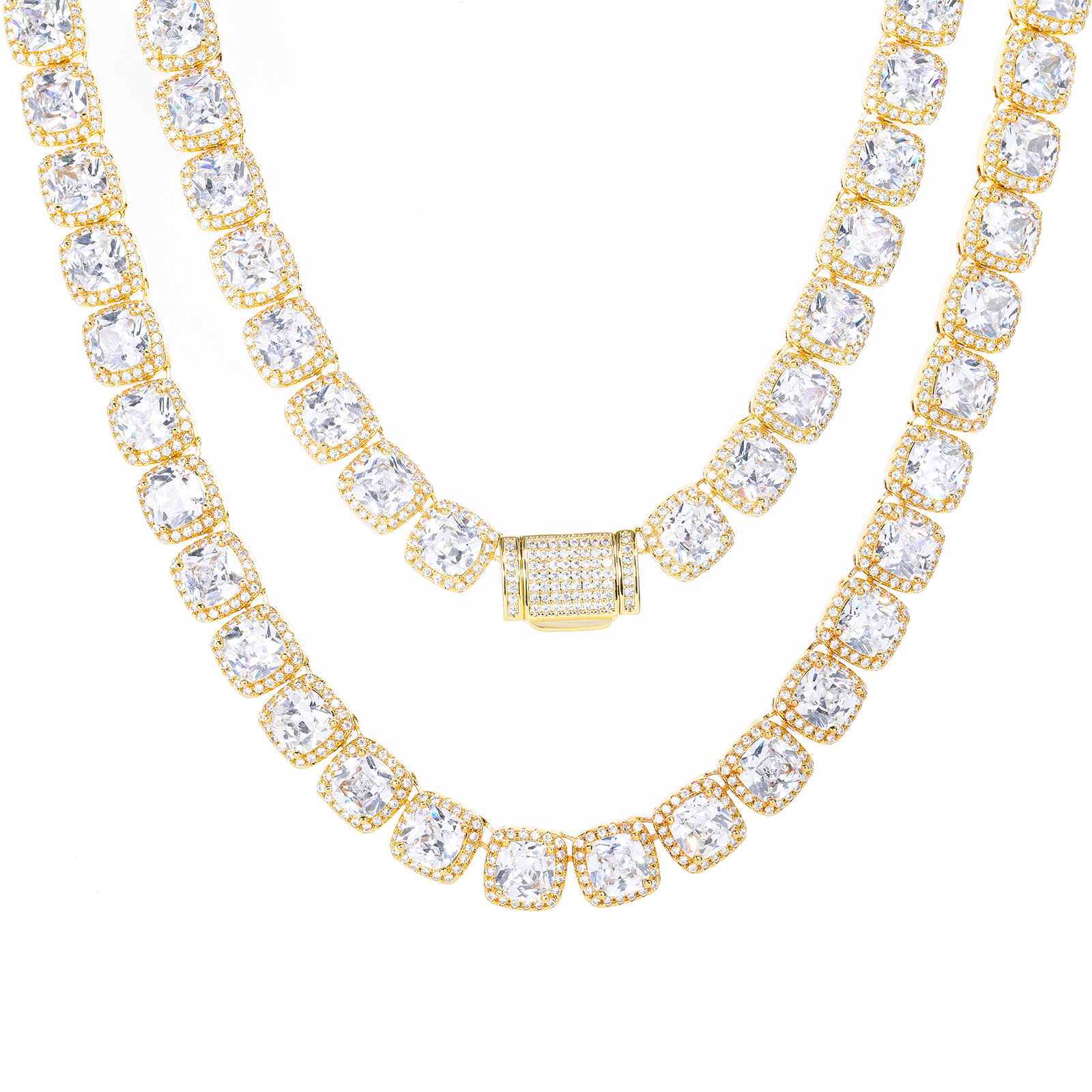 Gold 10mm Tennis Chain suspended on jewelry stand, emphasizing cushion-cut halo prongs and hip hop luxury appeal