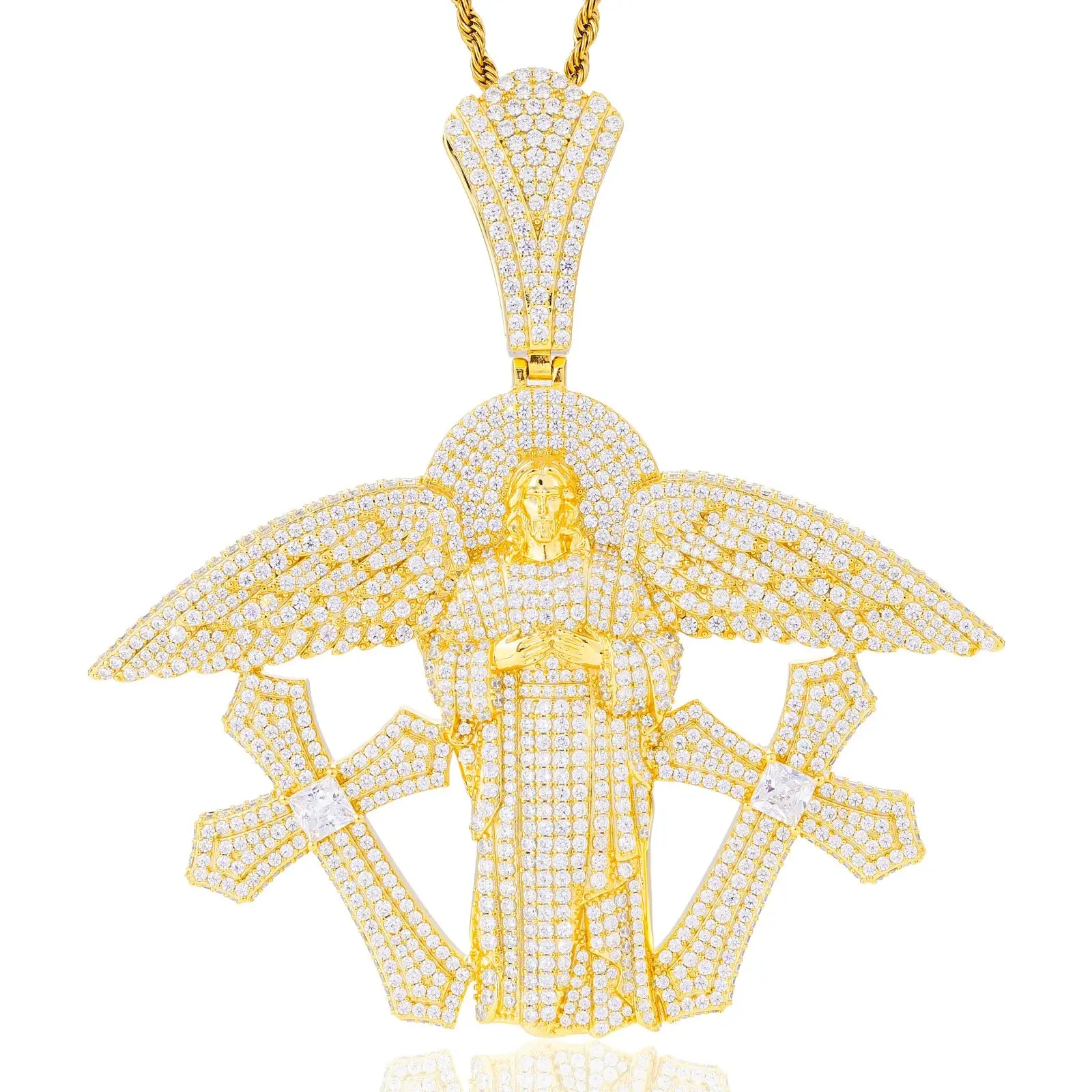 S925 Moissanite Buss Down Jesus Pendant | Angel Wings Double Cross