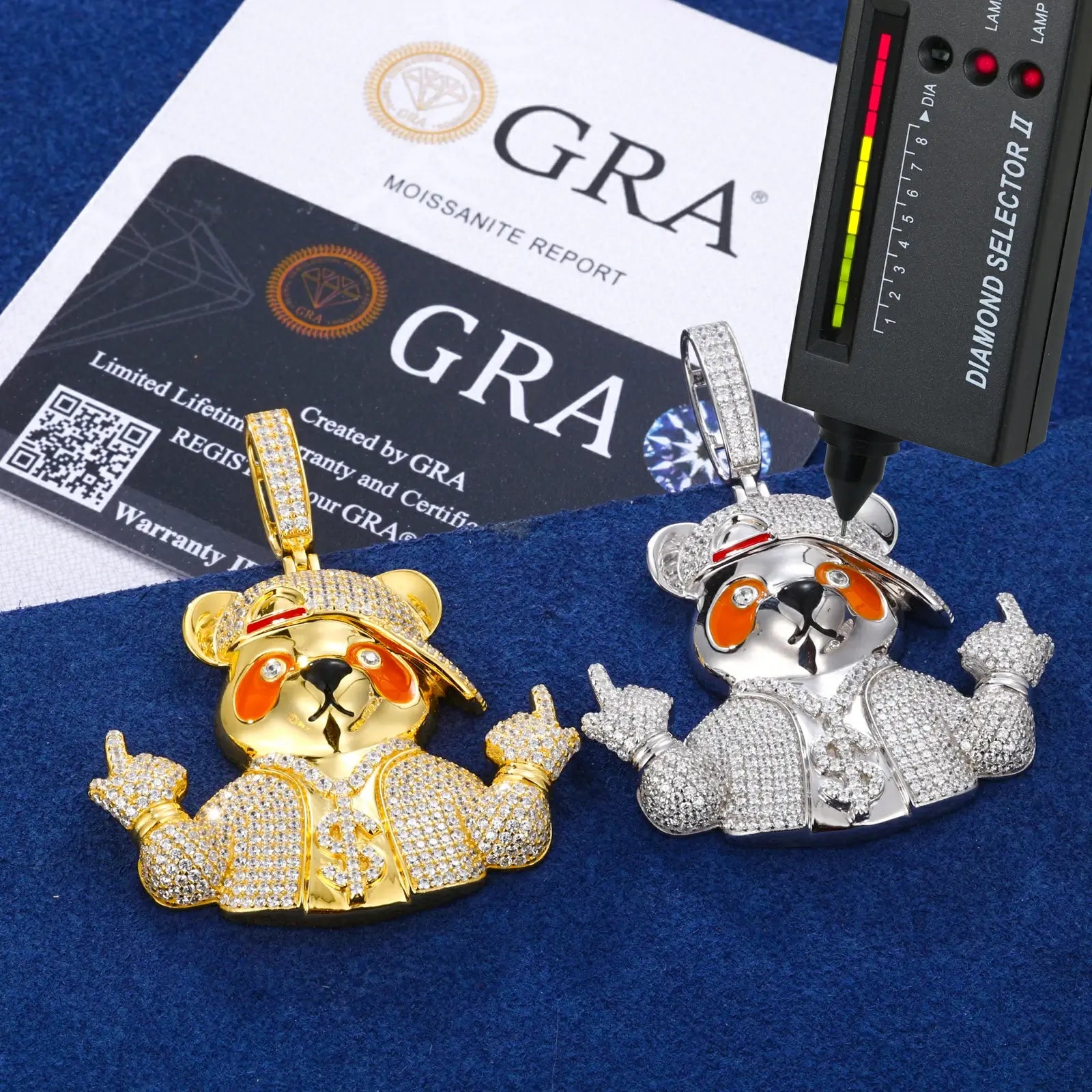 S925 Moissanite Hip Hop Bear Pendant