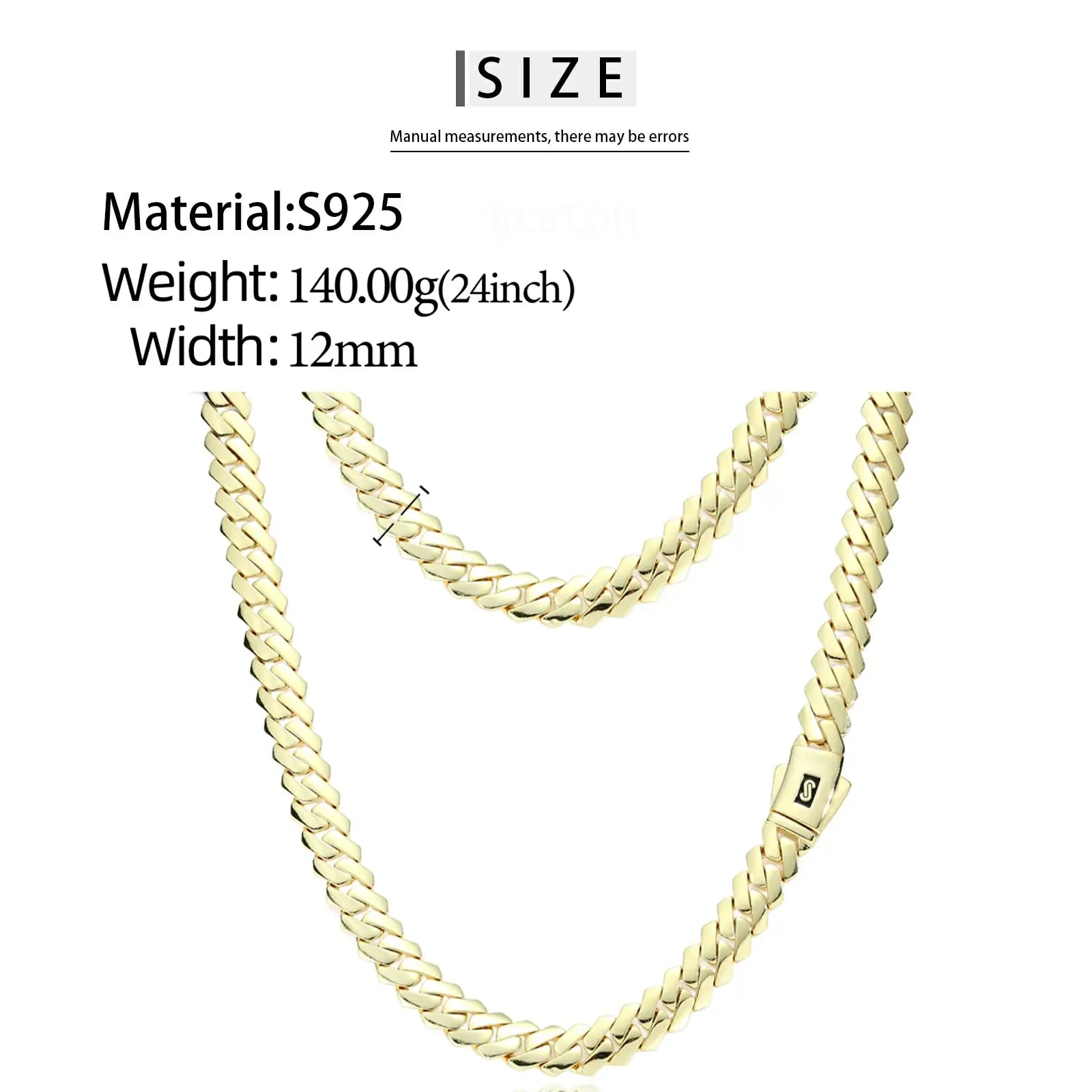 Technical specs: 24" length, 12mm width, 140g weight | 14K solid gold composition diagram