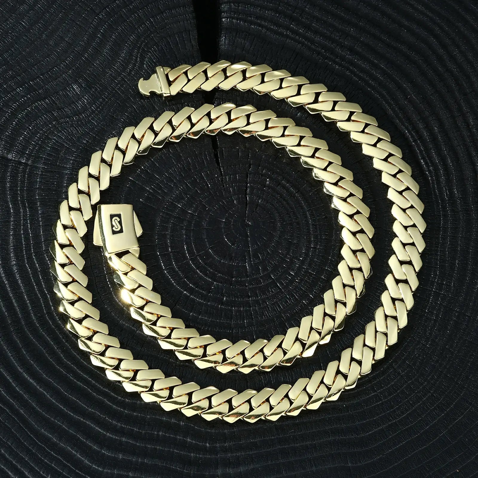 14K gold Monaco Cuban chain on black velvet - 12mm solid links with EDGE security clasp | Luxurious men's necklace