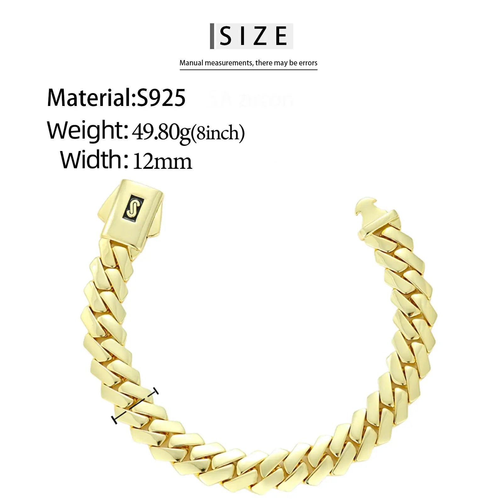 Technical specs: 8inch length, 12mm width, 50g weight | 14K solid gold composition diagram