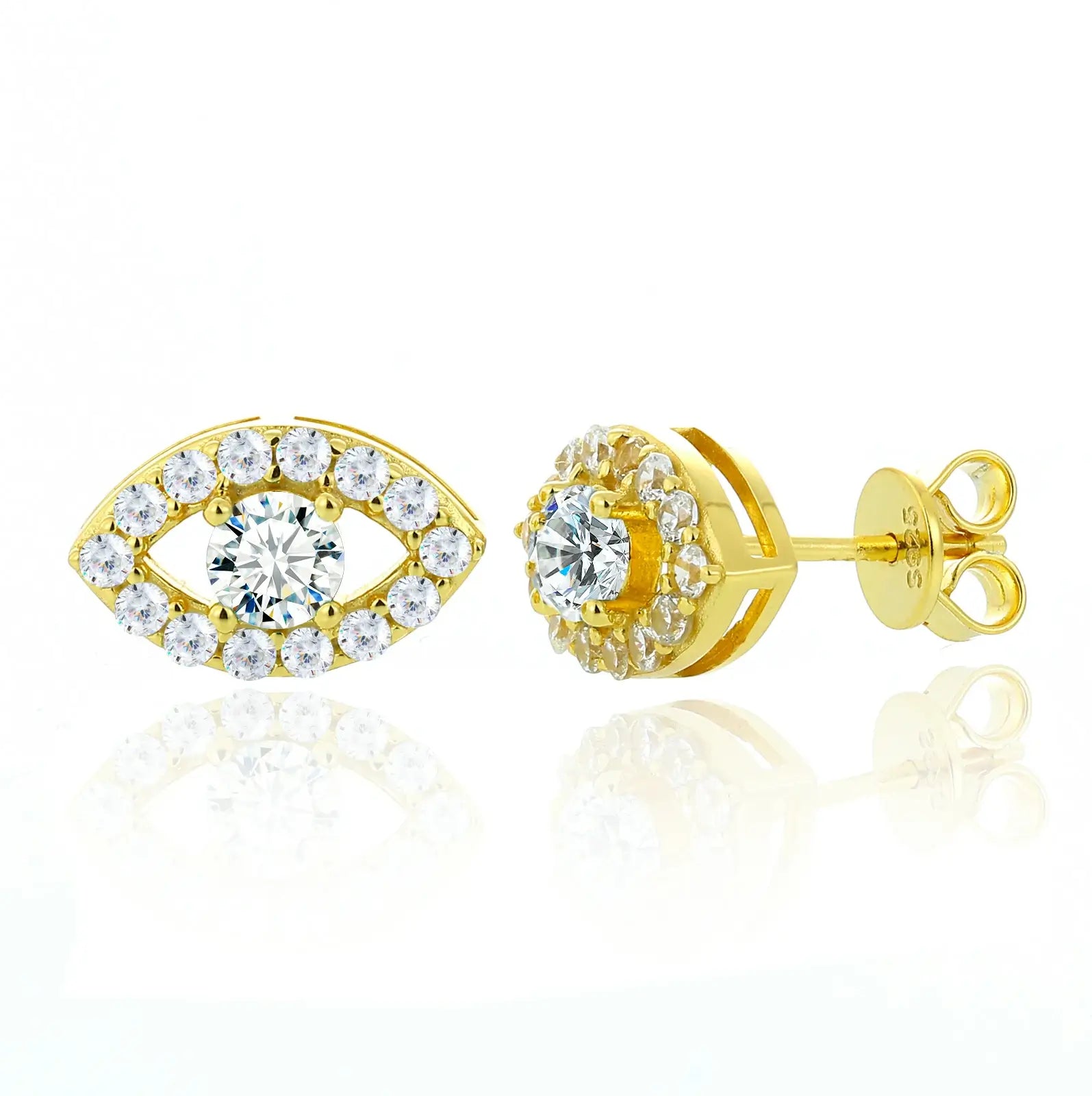 14K gold evil eye earrings with white moissanite center | GRA-certified protection jewelry | Sweat-resistant for daily wear