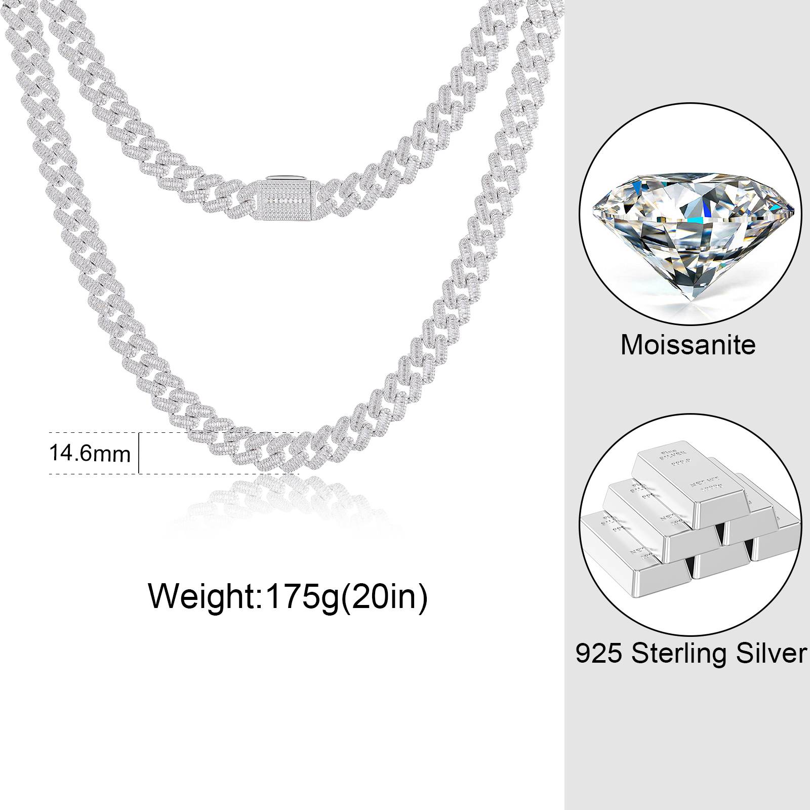 Scale diagram comparing 14mm chain width to a U.S. quarter and subway card, tailored for hip-hop jewelry sizing.