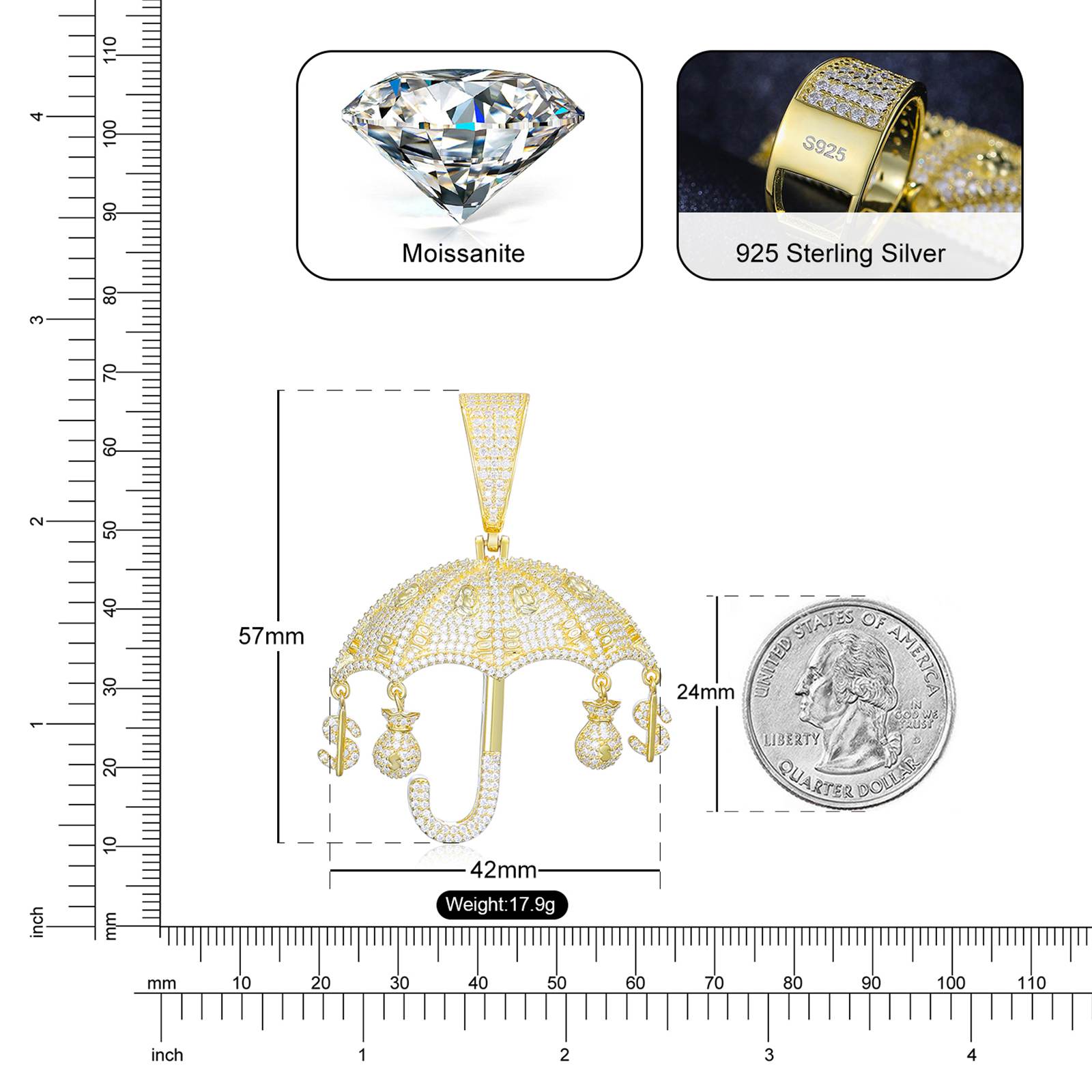 Pendentif parapluie Moissanite S925, avec sac d'argent et breloque en Dollar
