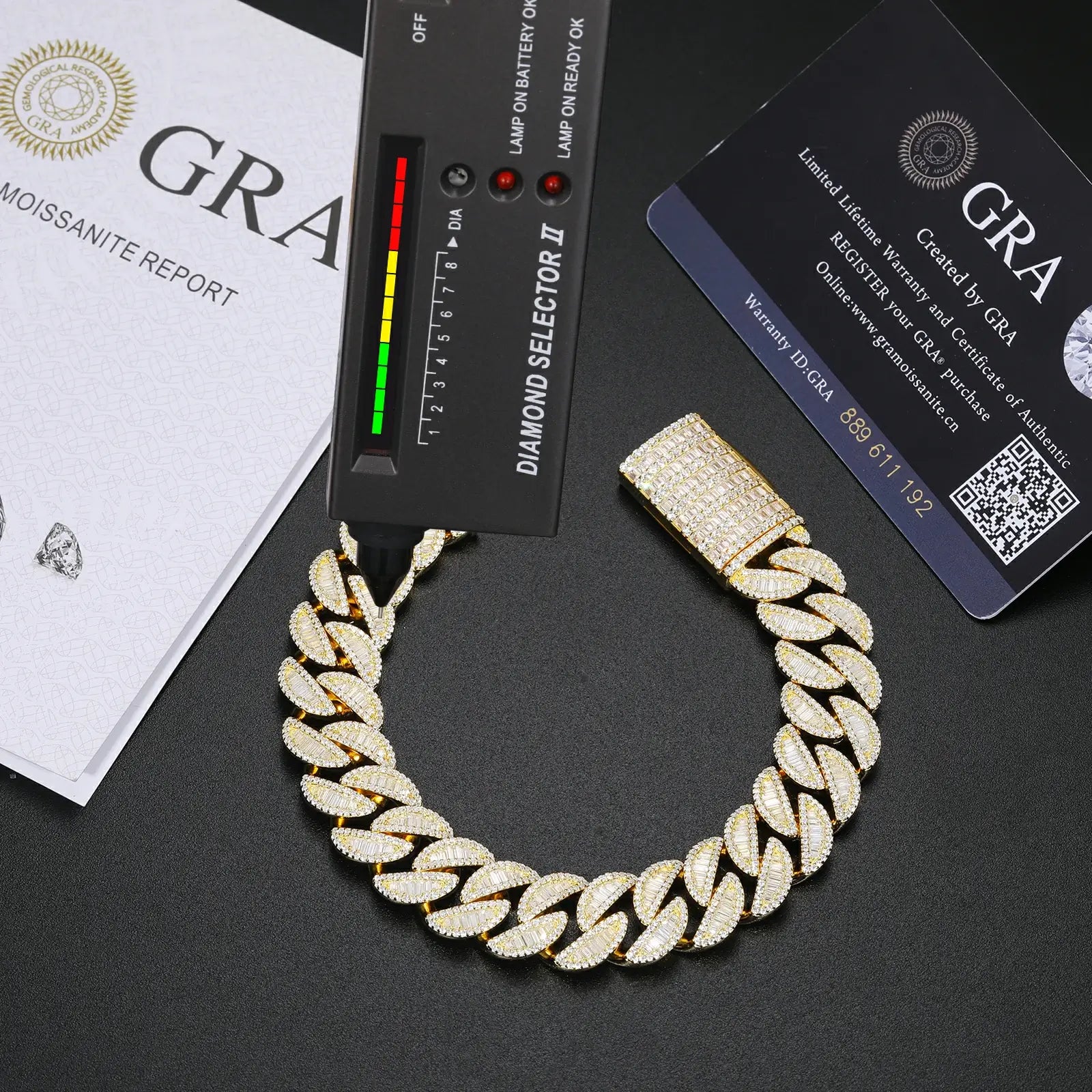 15mm yellow gold 925 silver baguette moissanite Cuban link bracelet with diamond tester + GRA certificate — certified luxury, baguette stone detailing