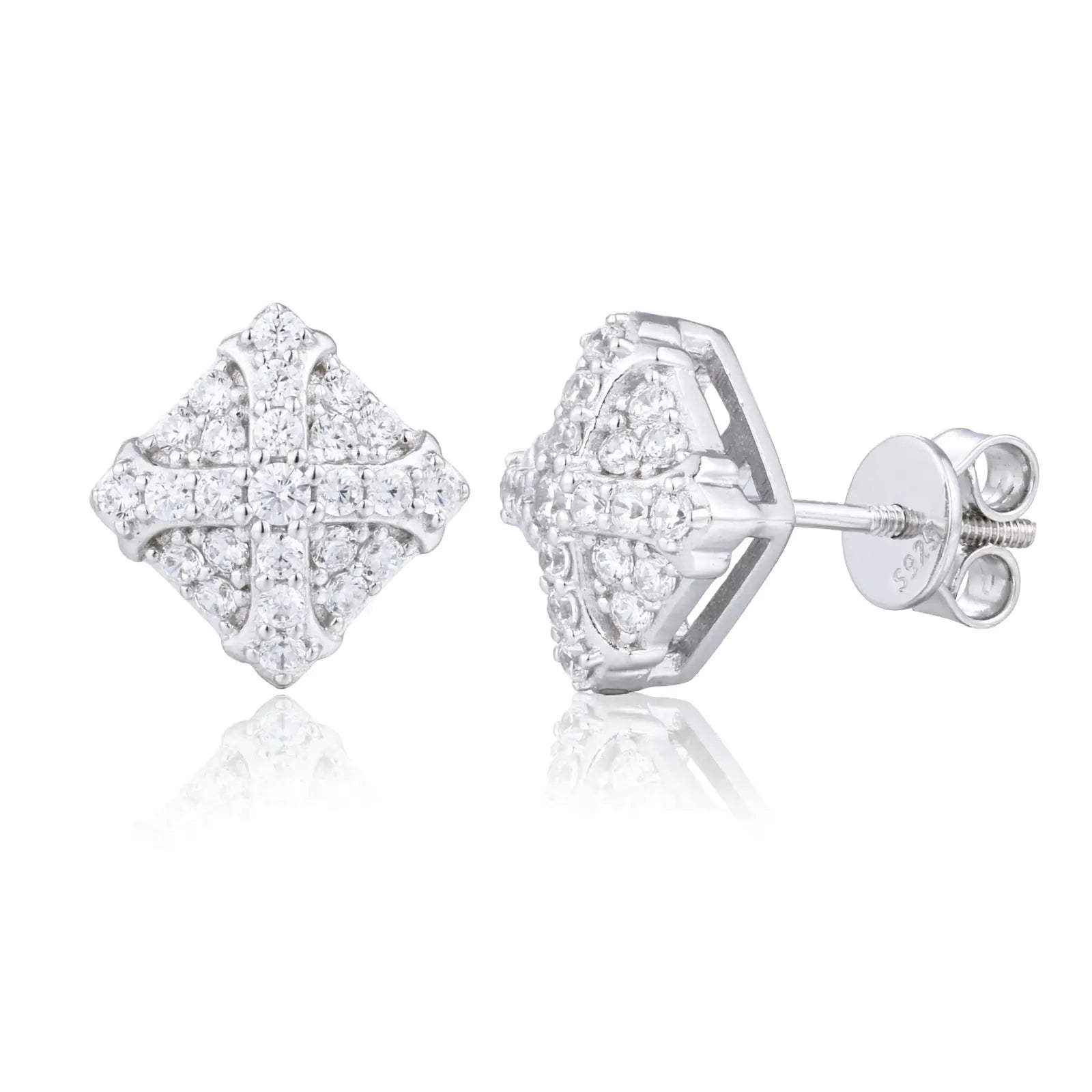 S925 Moissanite Square Chrome Heart Cross Stud Earrings