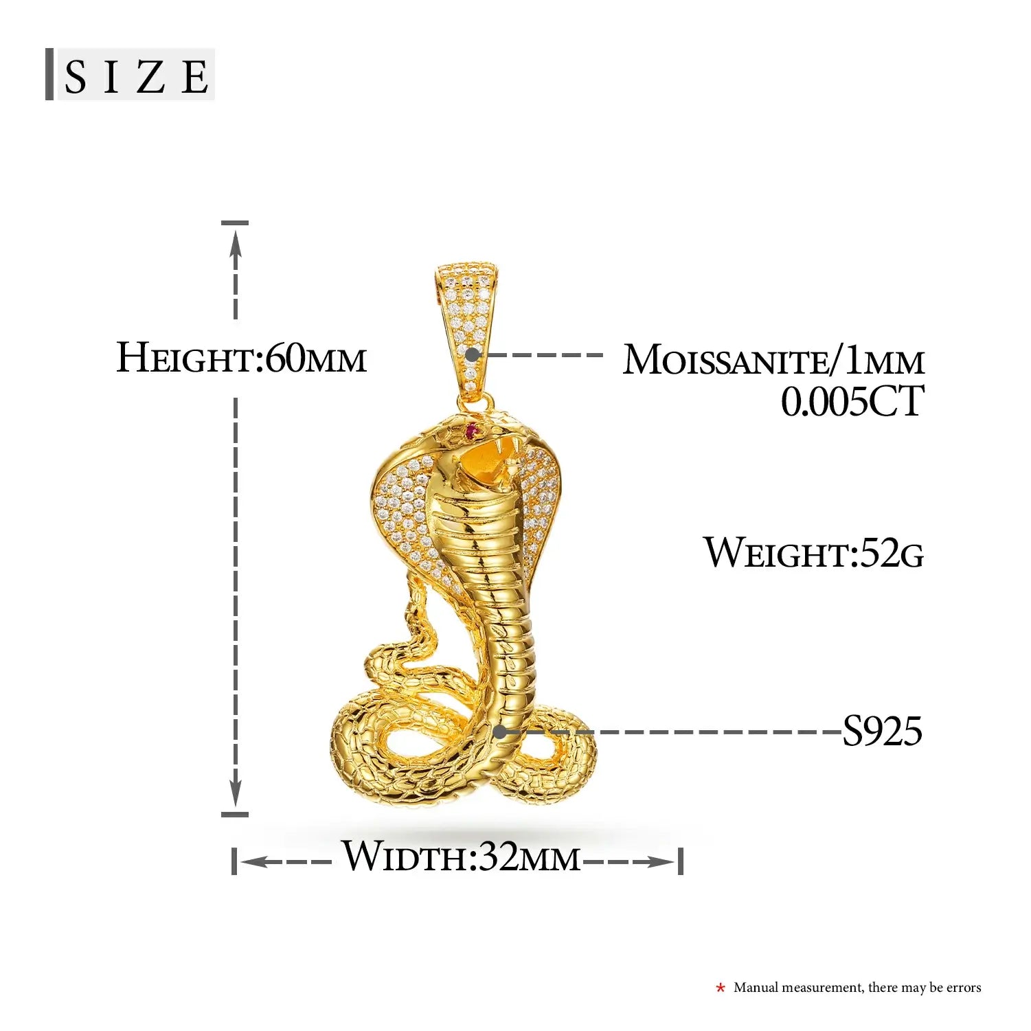 Technical specs: 60mm length, 32mm width, 52g weight | 18K gold cobra pendant measurement diagram