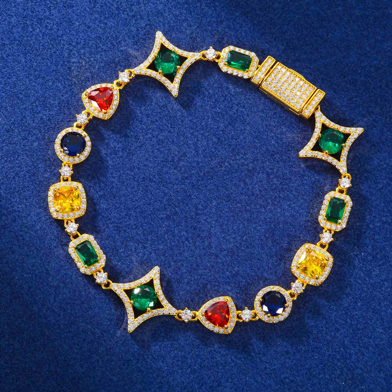 Premium 18mm yellow gold-plated tennis bracelet with secure ice-box clasp, geometric CZ accents, and Moissanite micro-pavé halos