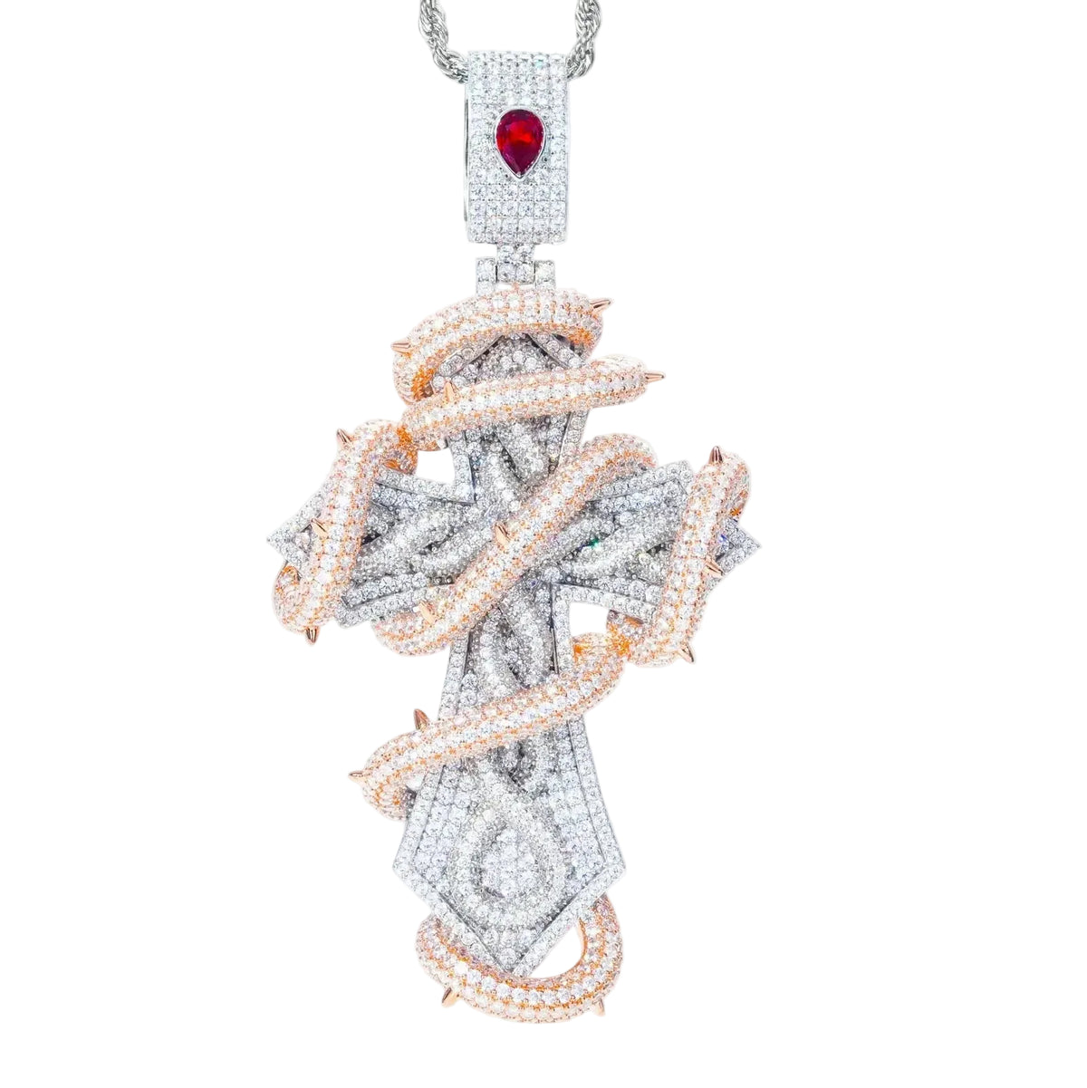 Oversized Two-Tone Moissanite Cross Pendant - Thorn Wrapped