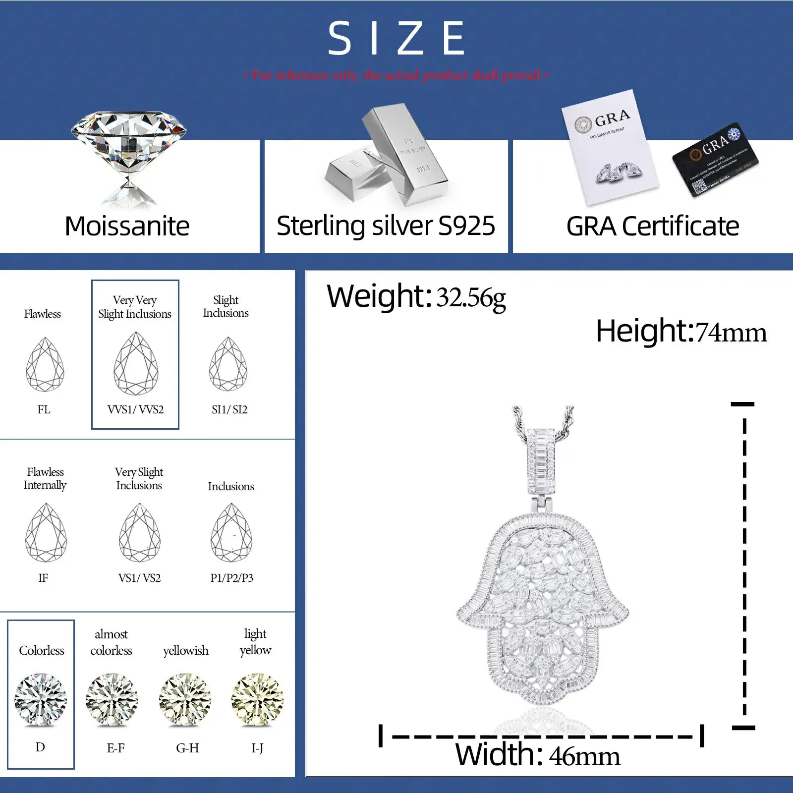 S925 Pear Cut Moissanite Hollow Hamsa Hand Pendant