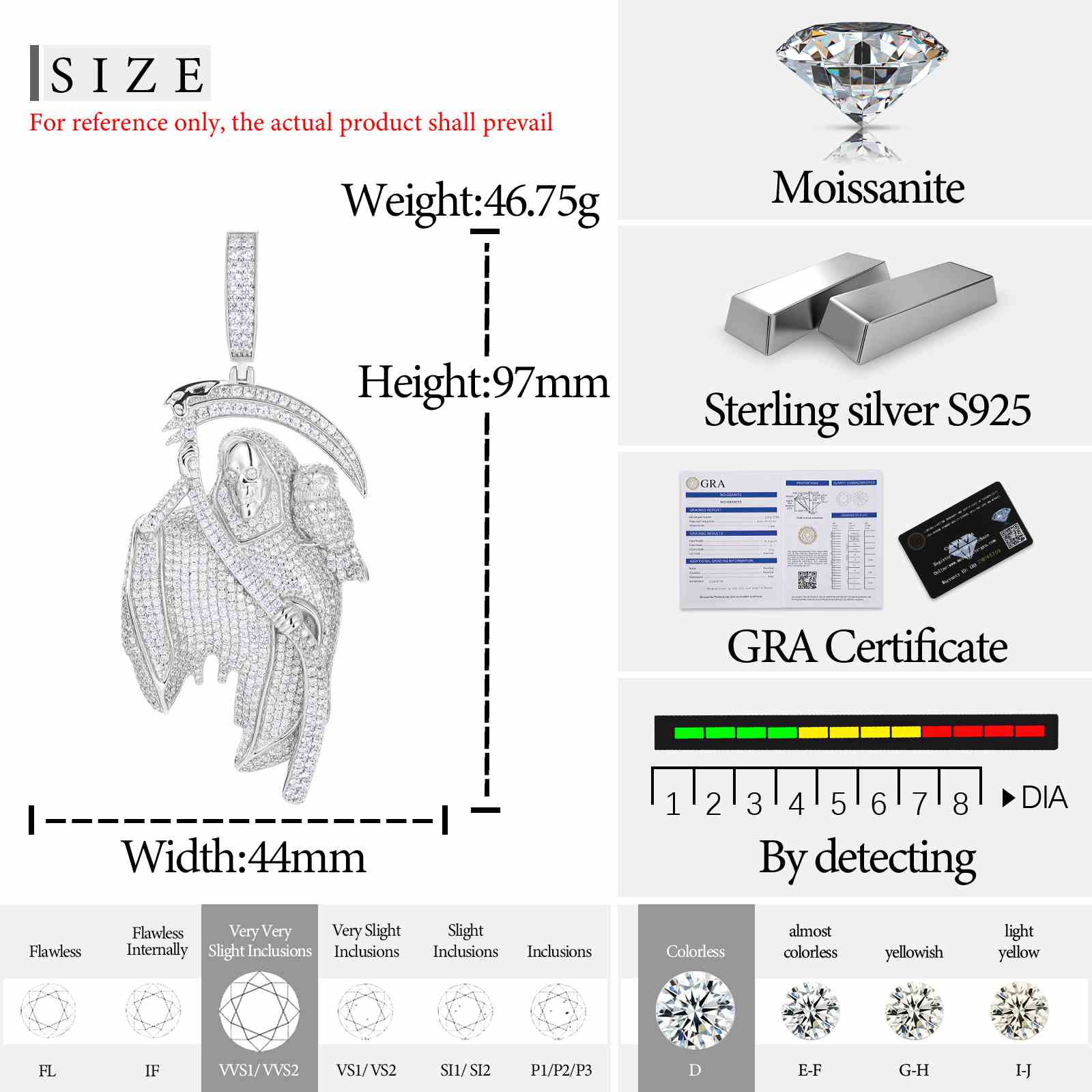 S925 Moissanite Grim Reaper Pendant