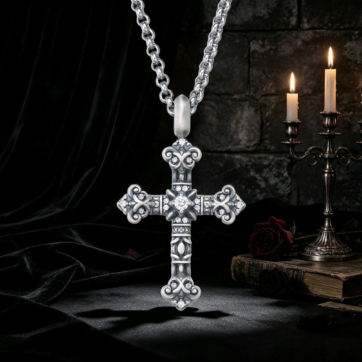 S925 Moissanite Antique Filigree Cross Pendant