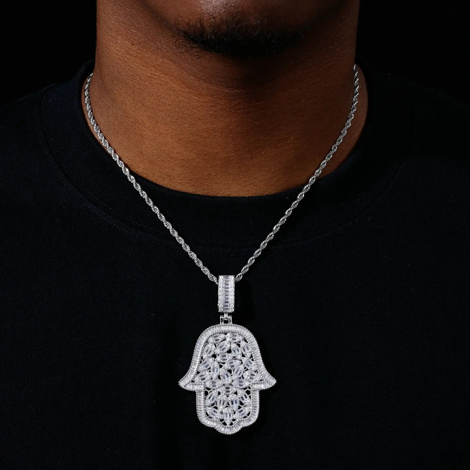 S925 Pear Cut Moissanite Hollow Hamsa Hand Pendant