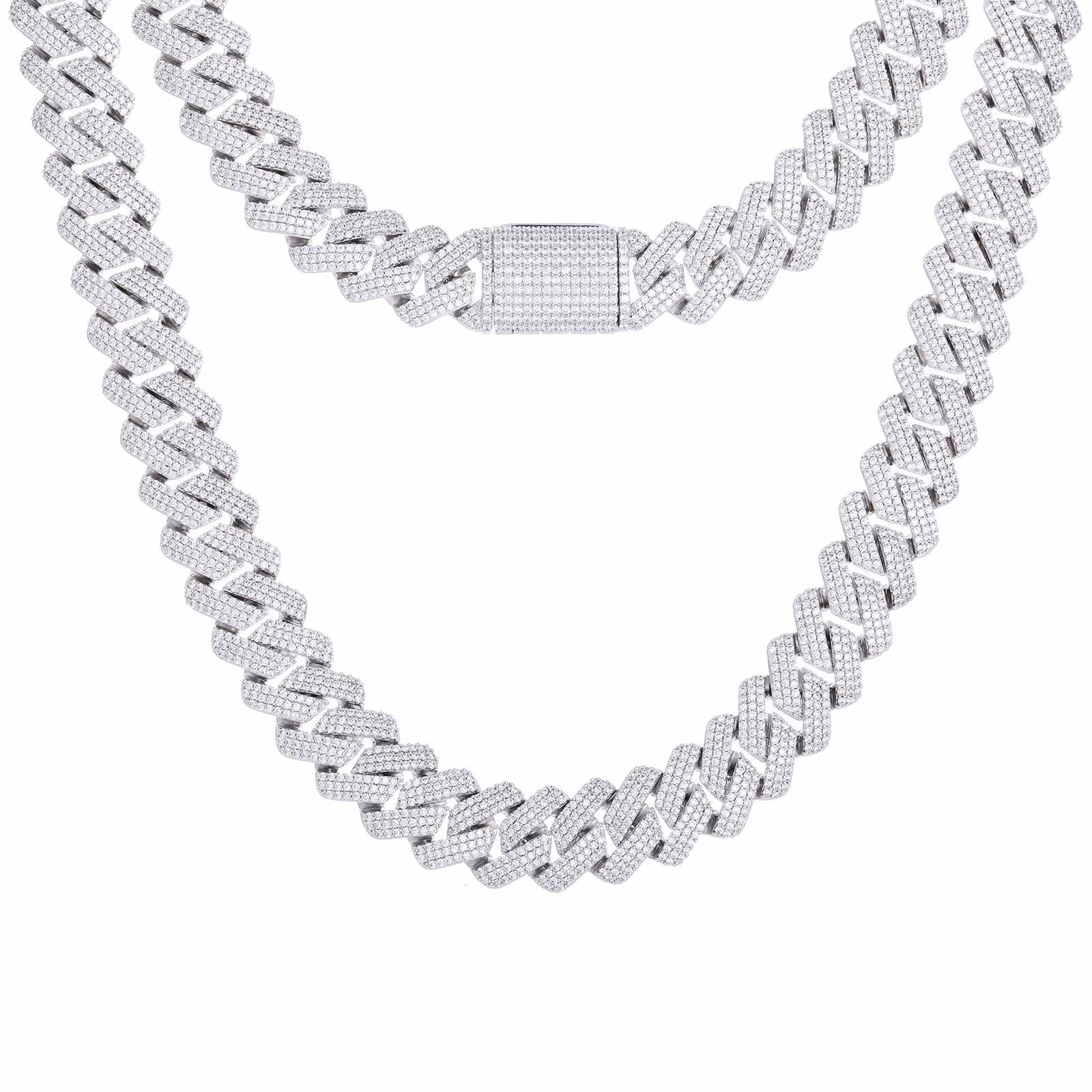 20mm Cuban Link Chain on white studio background, emphasizing the three-row diamond prong setting and hypoallergenic 925 sterling silver material
