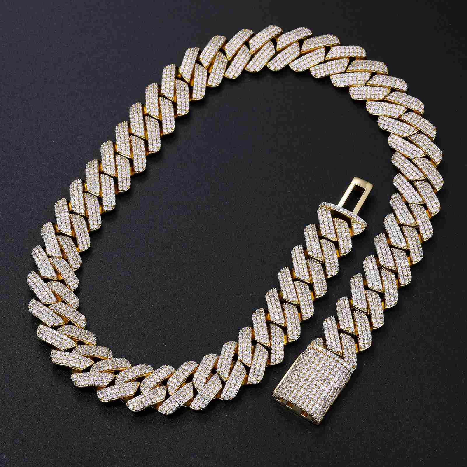20mm Prong 3 Row CZ Diamond Cuban Link Chain on black velvet, showcasing three rows of prong-set cubic zirconia stones and bold hip hop jewelry design
