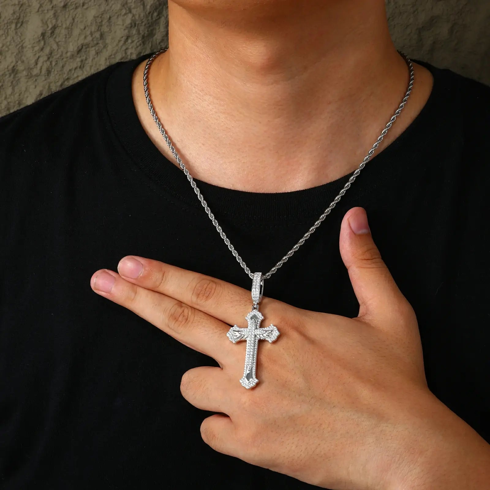 S925 Moissanite 2 Layer Wing Sword Cross Pendant