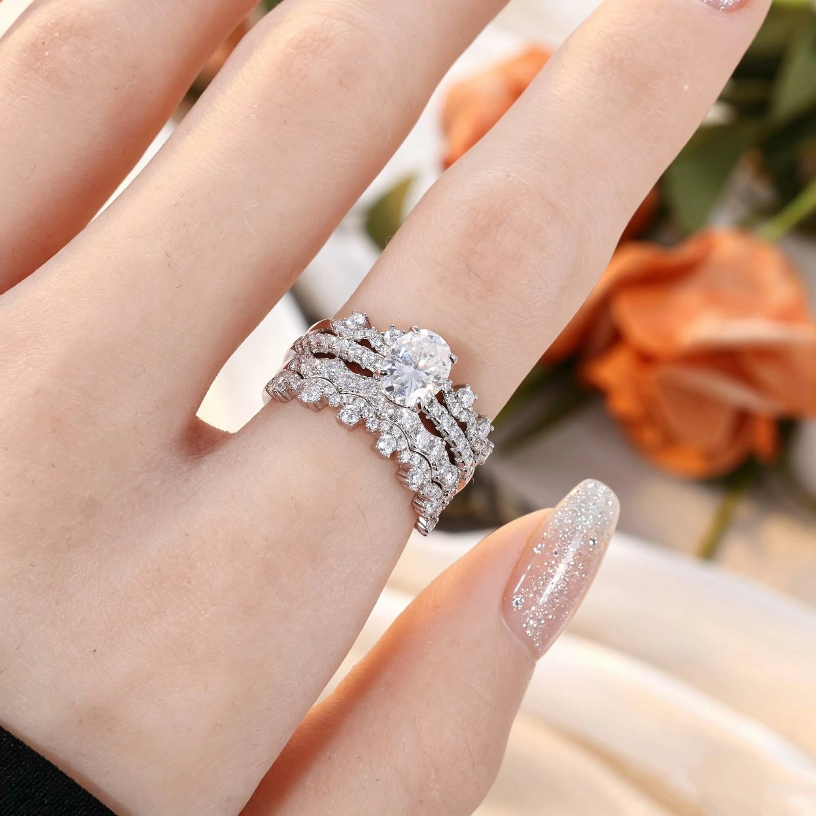 S925 1.5CT Oval Cut Moissanite 4PCS Stackable Enternity Engagement Ring Set