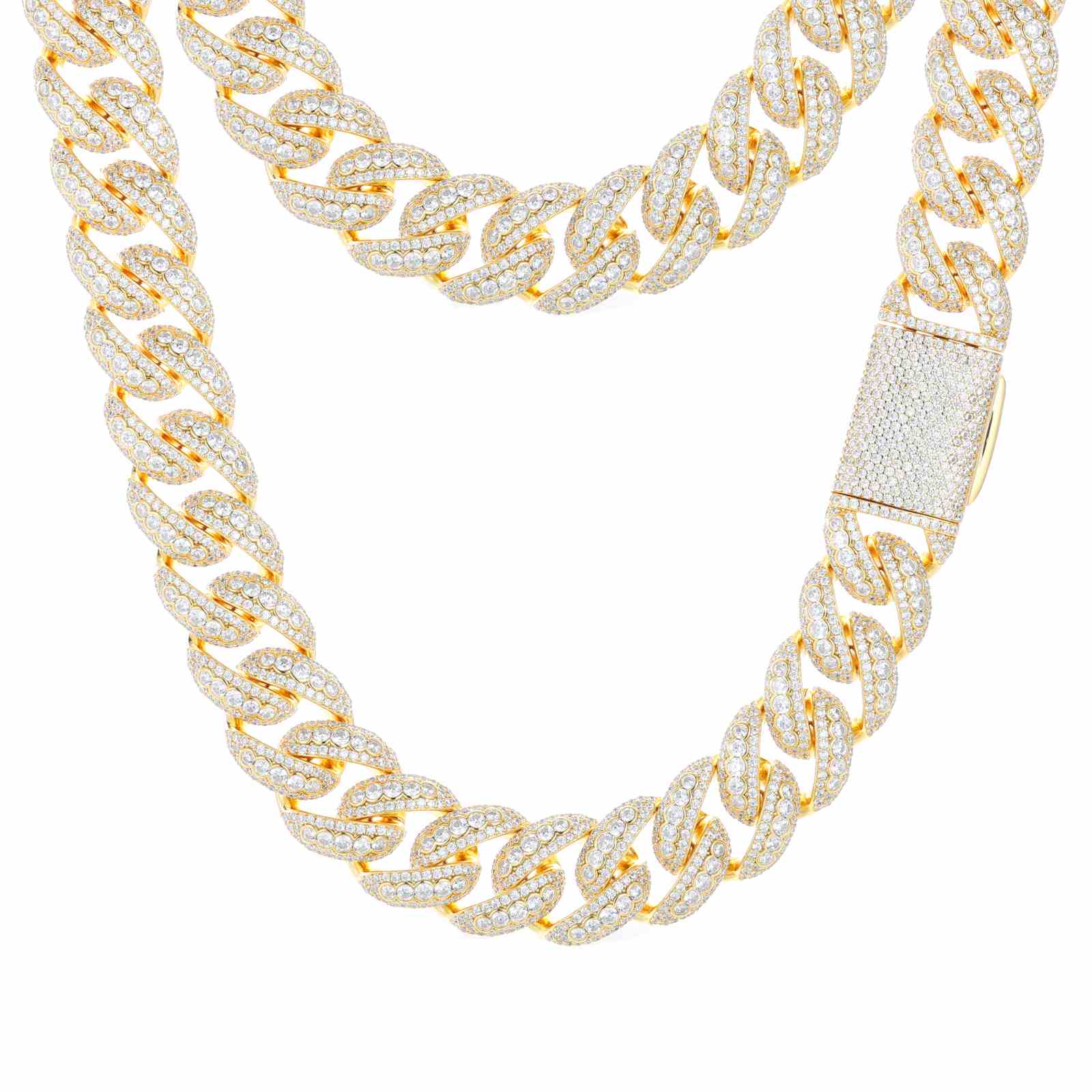 Minimalist white-background shot: 24K gold-plated Cuban chain with lab-created zirconia stones. Timeless streetwear accessory with fade-proof shine