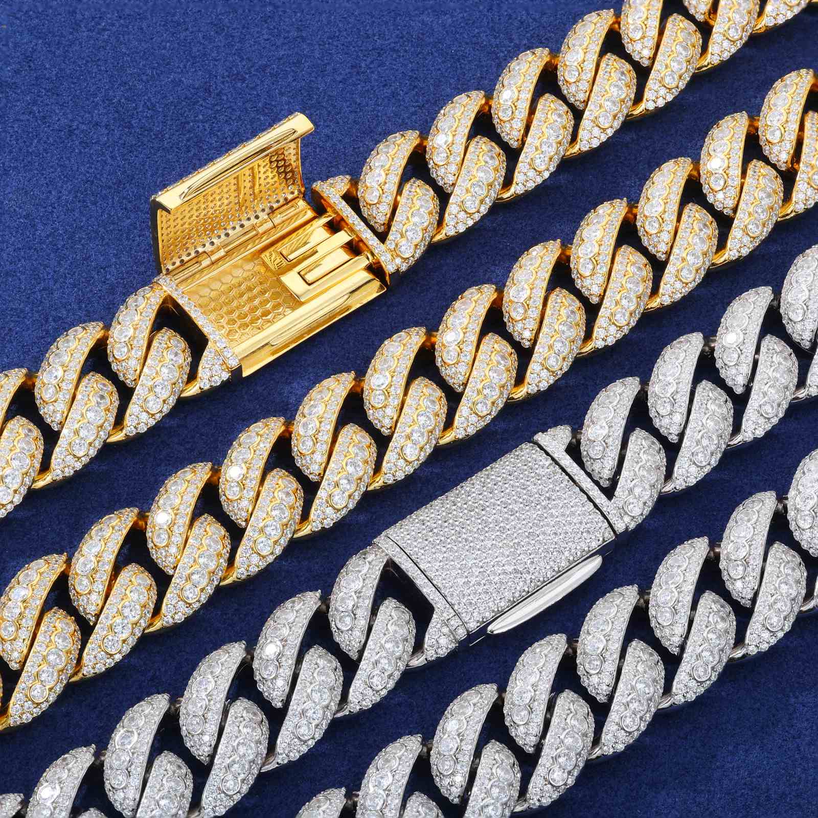 Side-by-side comparison: 24K gold vs. white gold Cuban chains with reinforced box clasps. Both feature eco-brass cores and celestial bubble designs for unisex streetwear styling