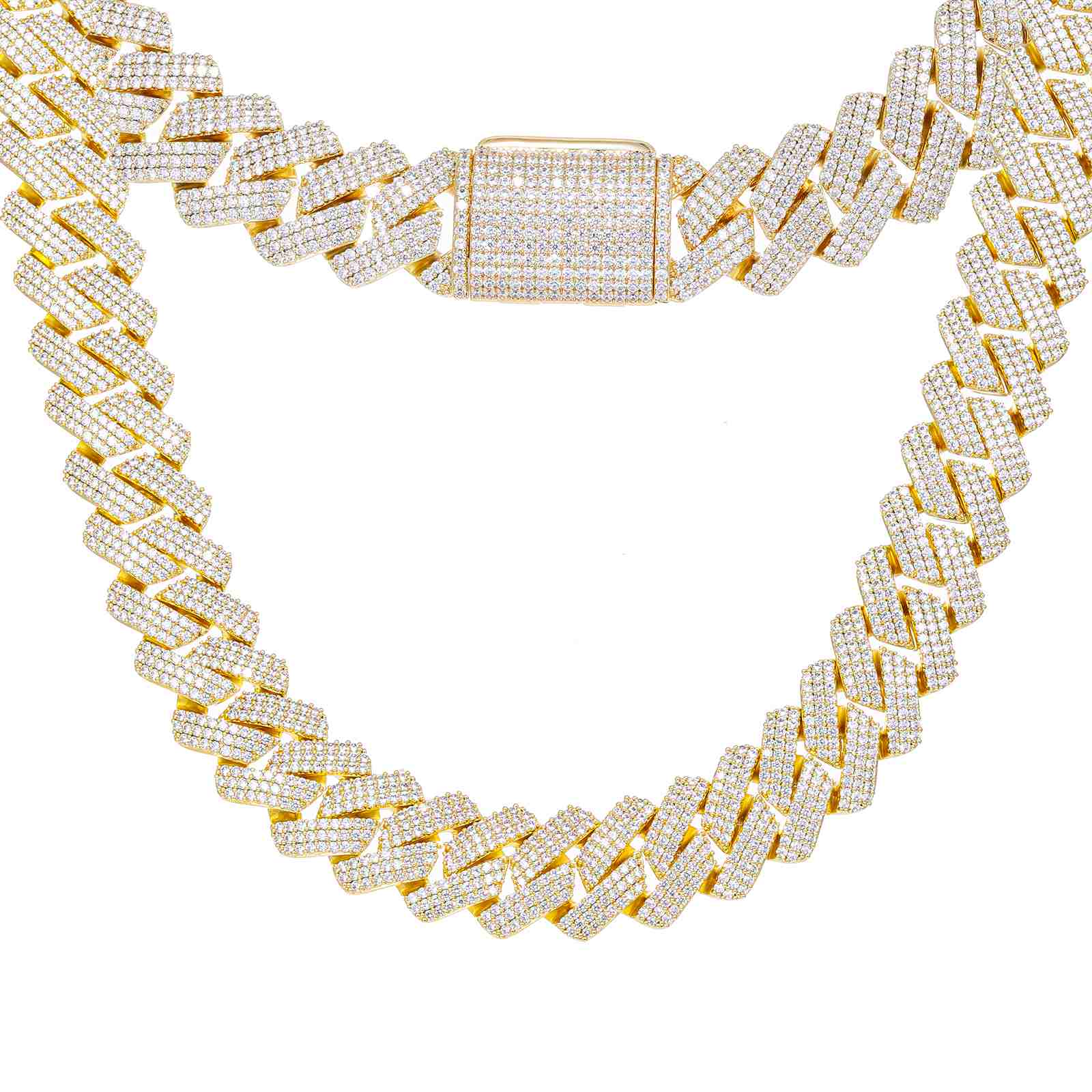 Gold 25mm Cuban Link Chain suspended on jewelry stand, emphasizing chunky 3-row CZ diamonds and luxury display for hip hop jewelry collections