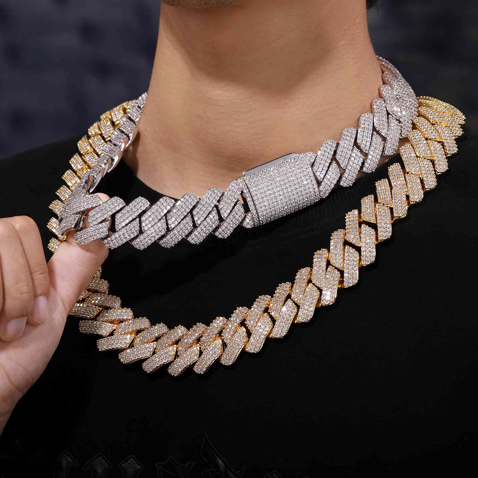 Men’s casual street style: White gold 25mm Cuban Chain layered over a hoodie, perfect for hip hop enthusiasts and urban fashion