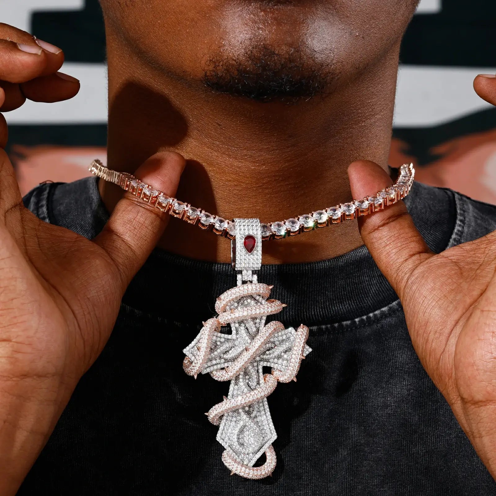 S925 Moissanite 2 Tone Thorn Wrapped Cross Pendant