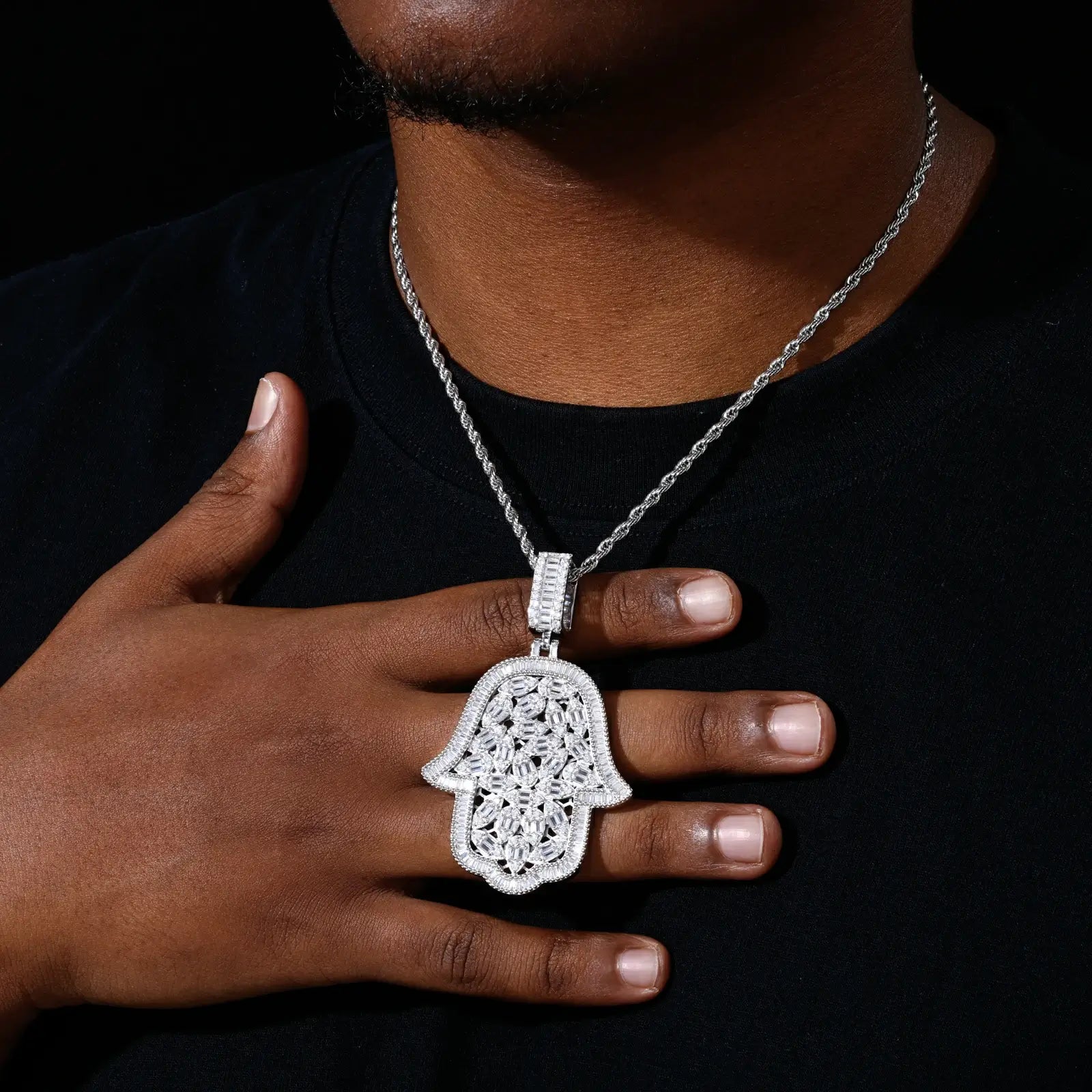 S925 Pear Cut Moissanite Hollow Hamsa Hand Pendant