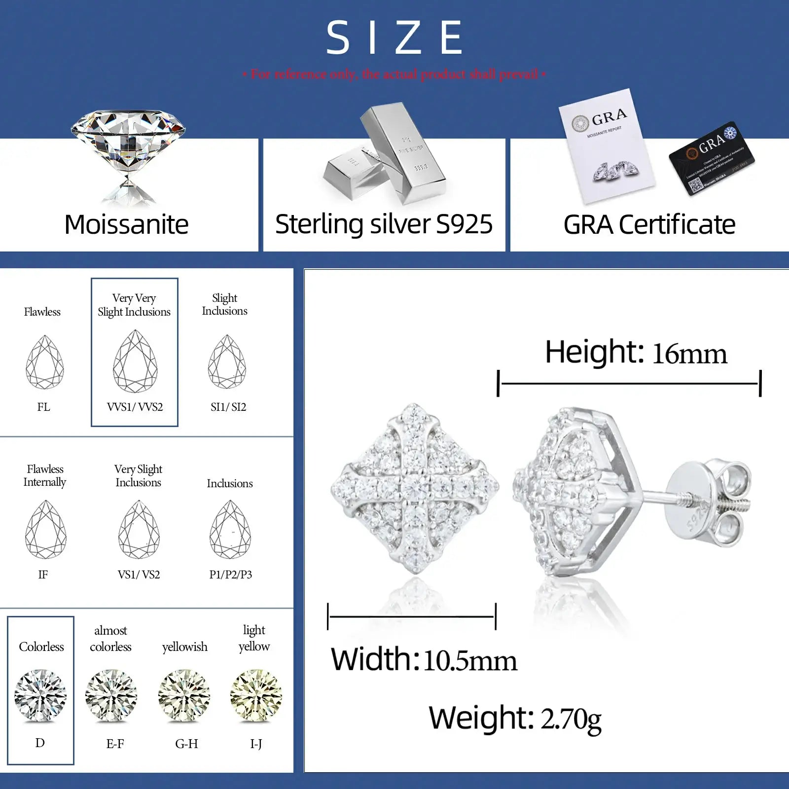 S925 Moissanite Square Chrome Heart Cross Stud Earrings