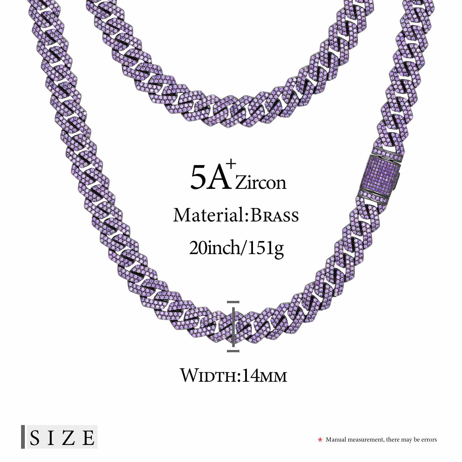 (CZ)14mm 2 Rows Purple CZ Cuban Link Chain