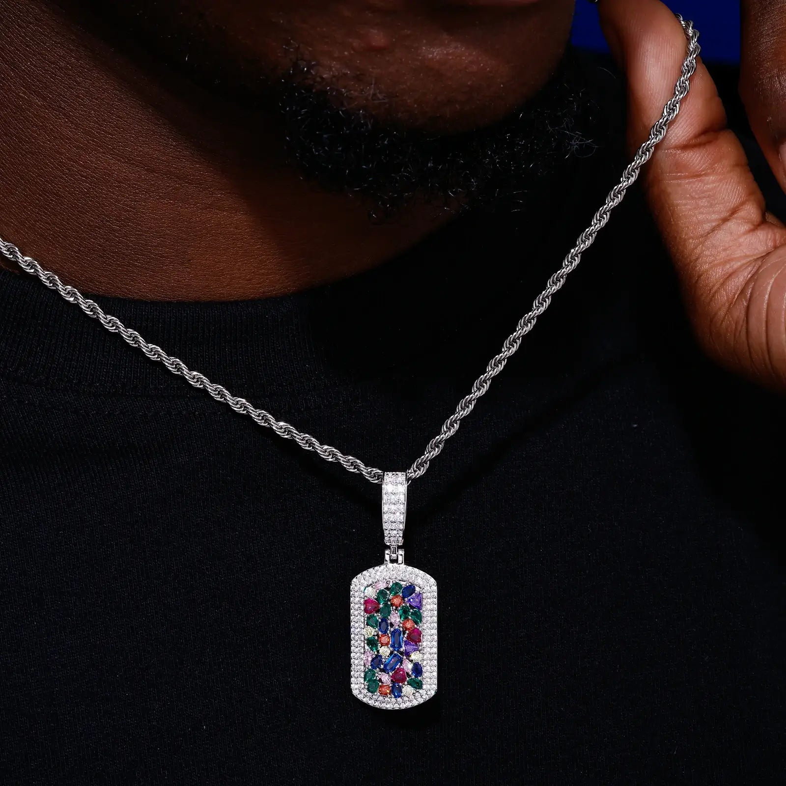 S925 Moissanite Colorful Gemstone Dog Tag Pendant