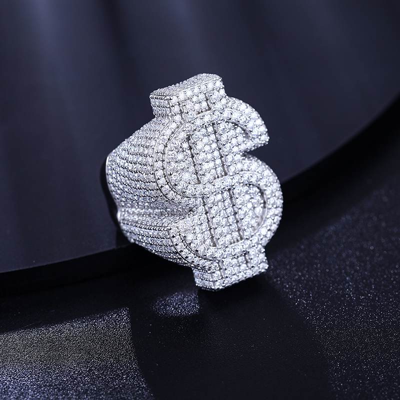 S925 Moissanite Dollar Sign Ring - Iced Out Hip Hop Money Ring