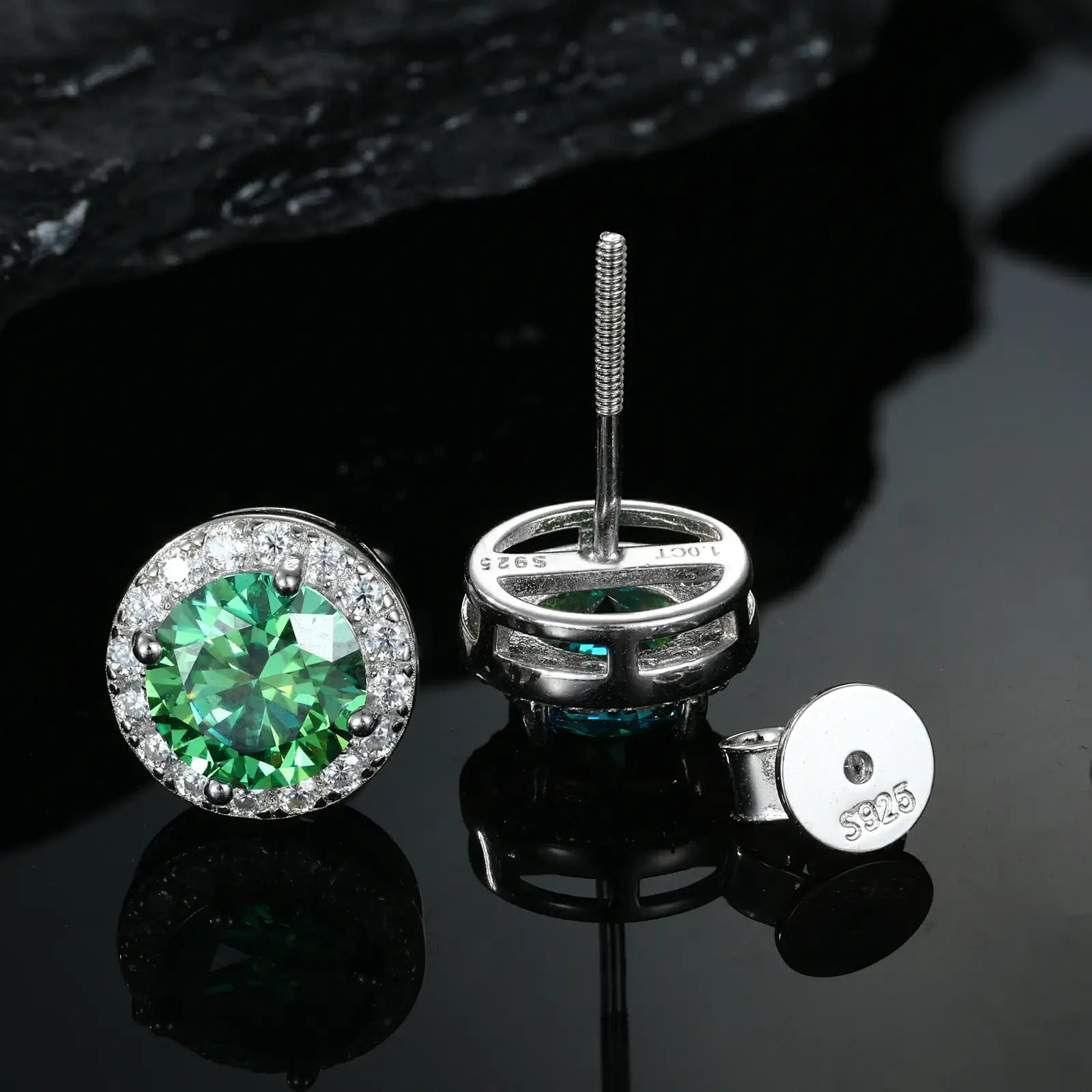 S925 silver halo stud construction: Front gem, side profile & screw back security mechanism | Secure hypoallergenic earring design