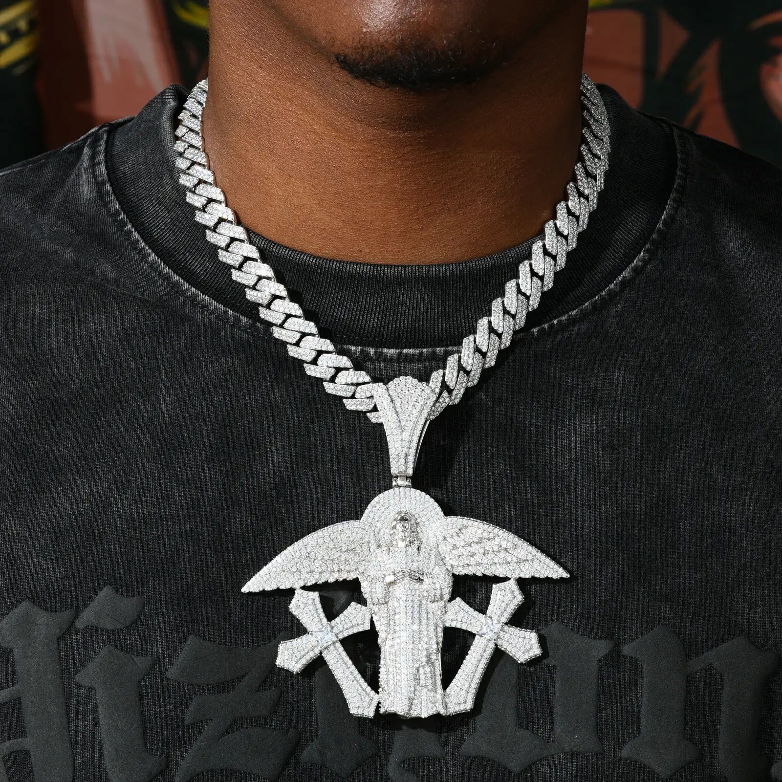 S925 Moissanite Buss Down Jesus Pendant | Angel Wings Double Cross