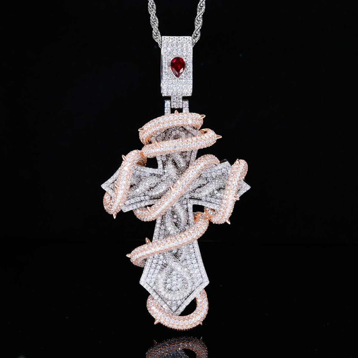 Oversized Two-Tone Moissanite Cross Pendant - Thorn Wrapped