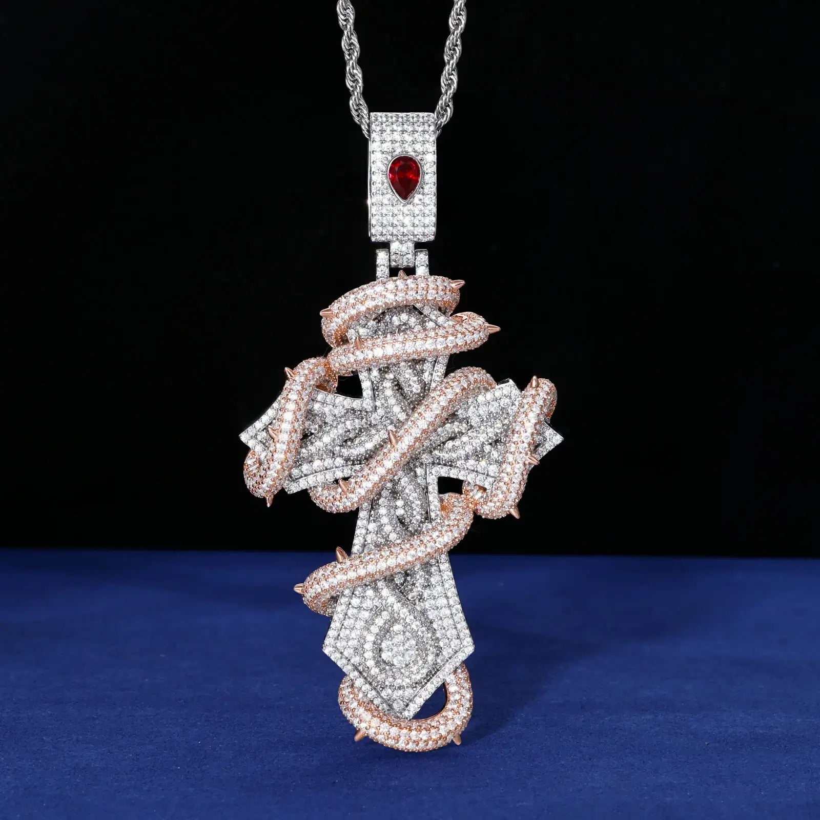 S925 Moissanite 2 Tone Thorn Wrapped Cross Pendant