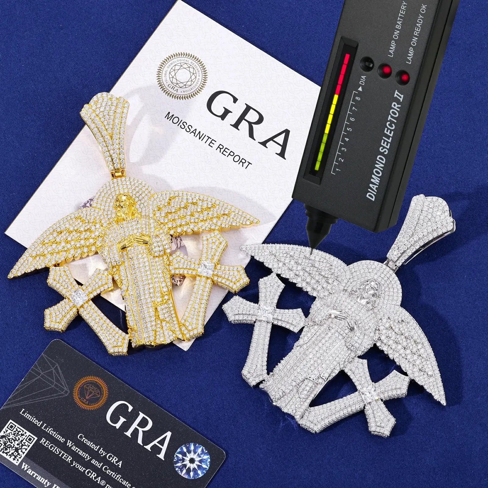 S925 Moissanite Buss Down Jesus Pendant | Angel Wings Double Cross