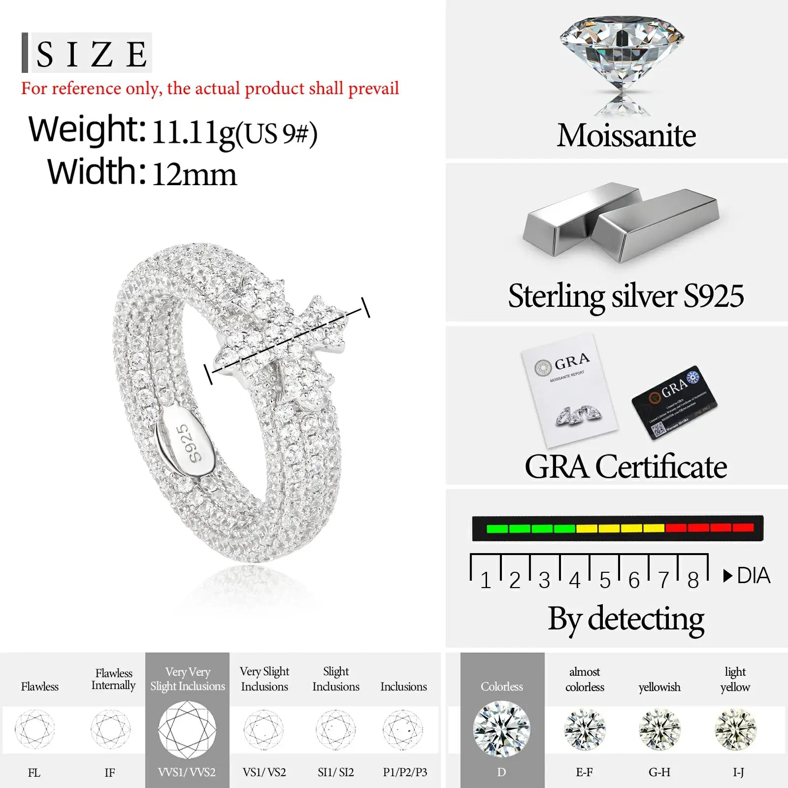 S925 Micro Pave Moissanite Band Ring With Chrome Heart