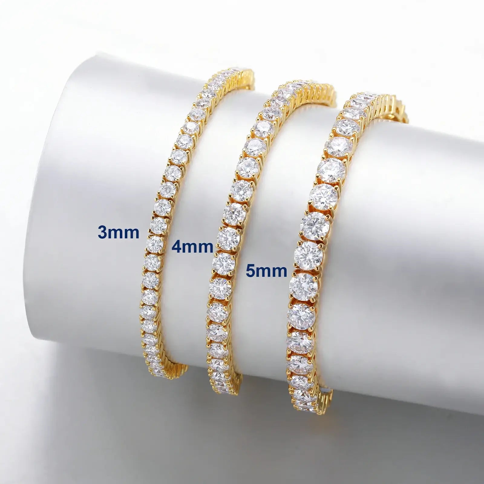 Flatlay comparison: 3mm/4mm/5mm iced-out tennis bracelets - S925 silver chains with moissanite density difference visualization
