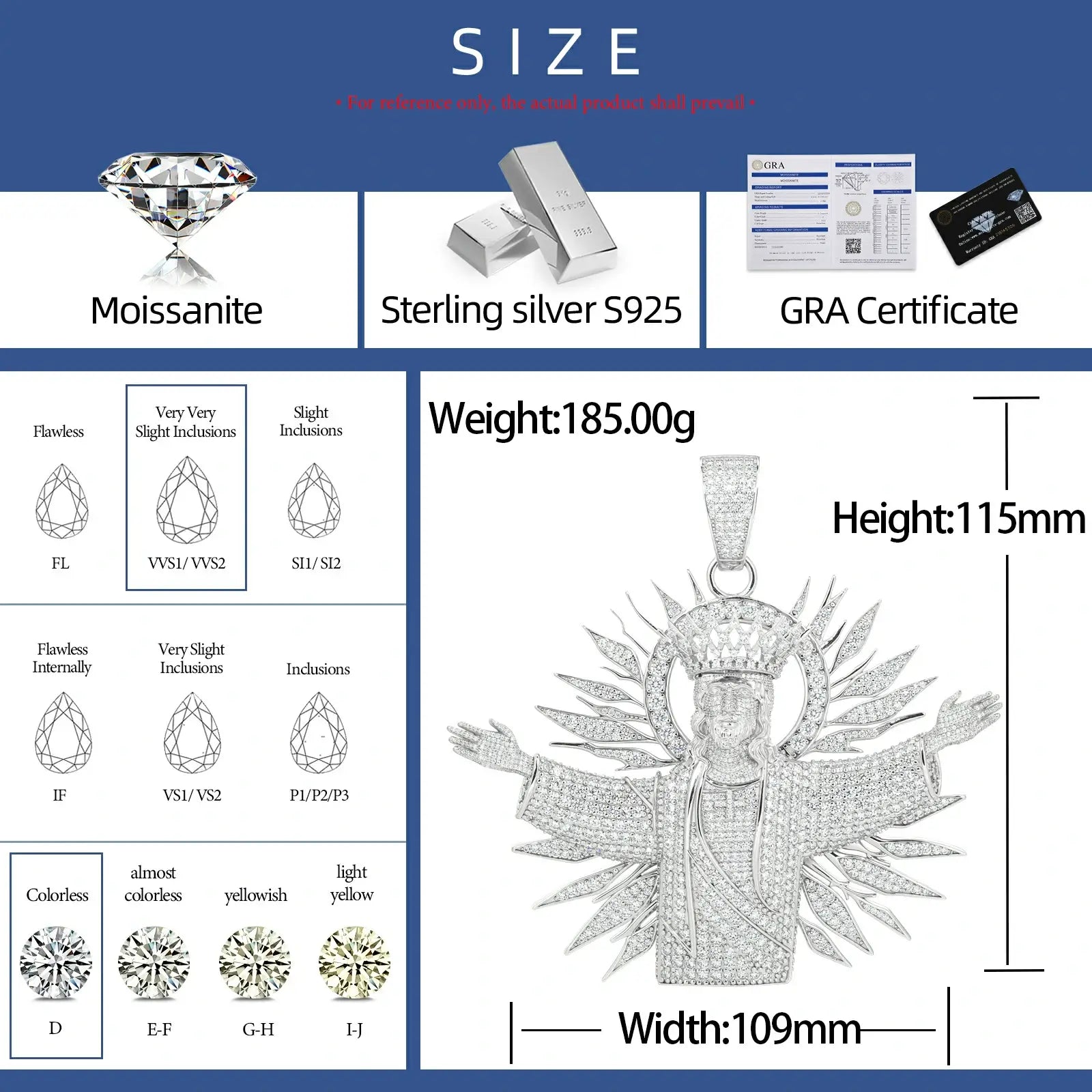 S925 Moissanite Glorious King Jesus Pendant XL Pendant