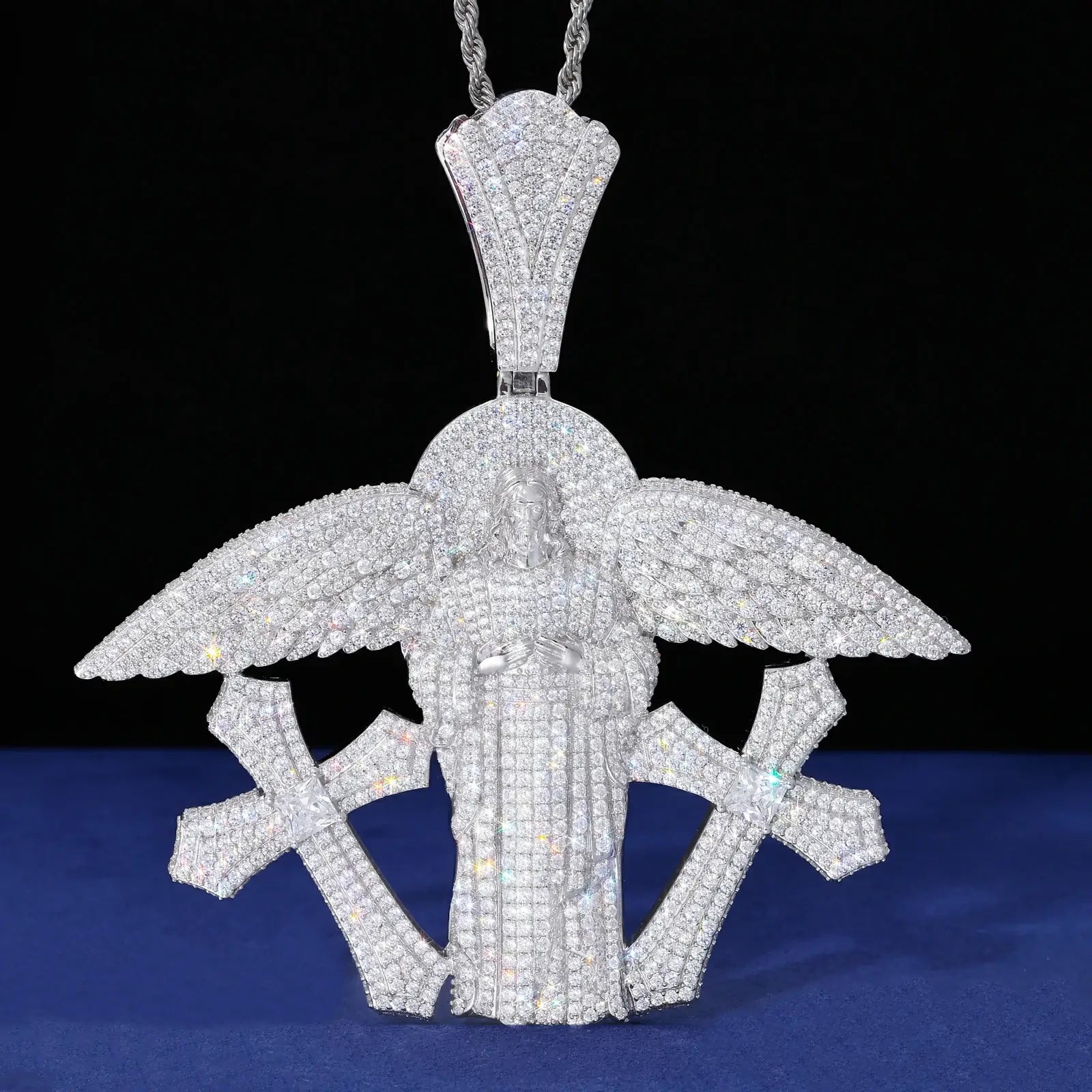 S925 Moissanite Buss Down Jesus Pendant | Angel Wings Double Cross