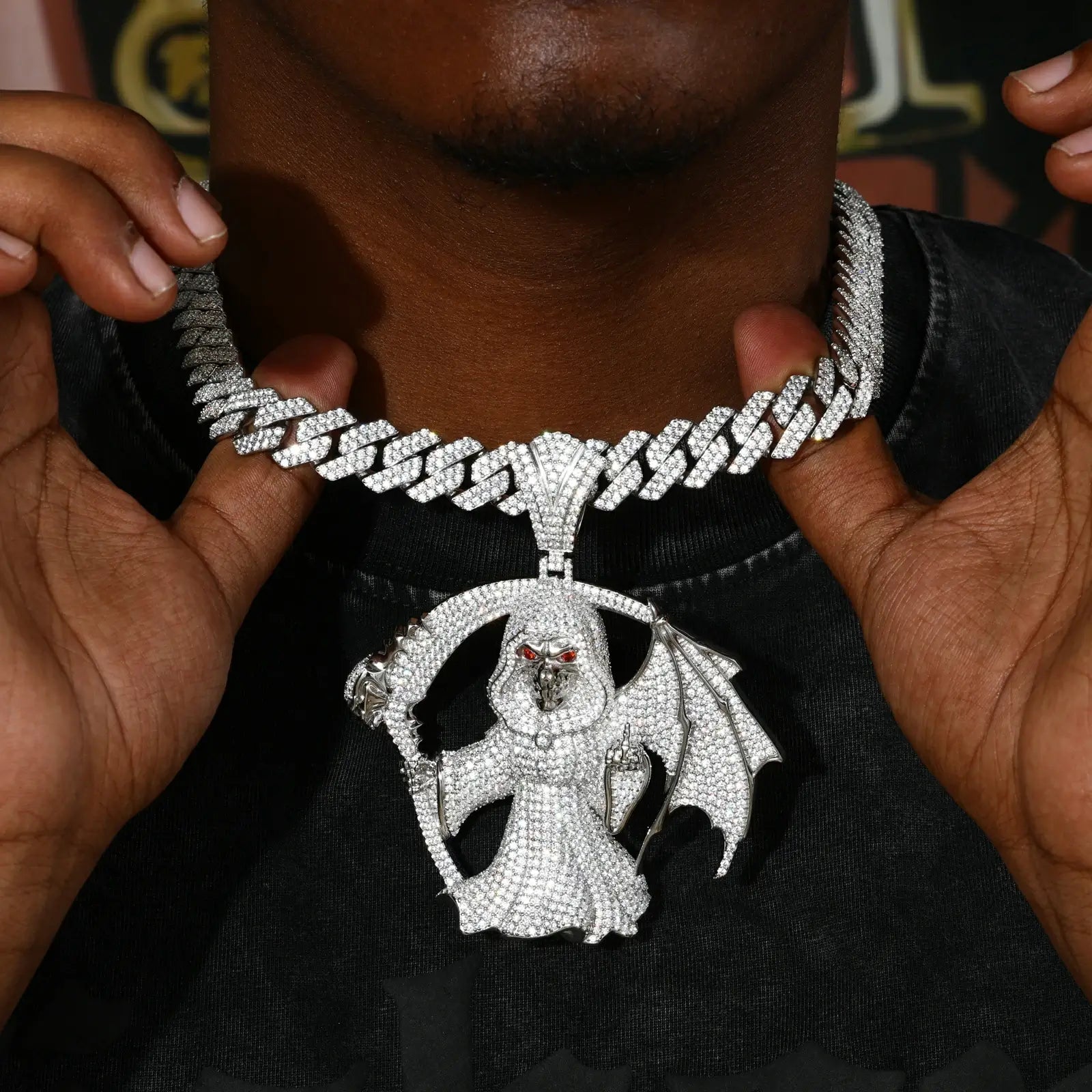 S925 Moissanite Winged Grim Reaper Pendant | One-finger Salute