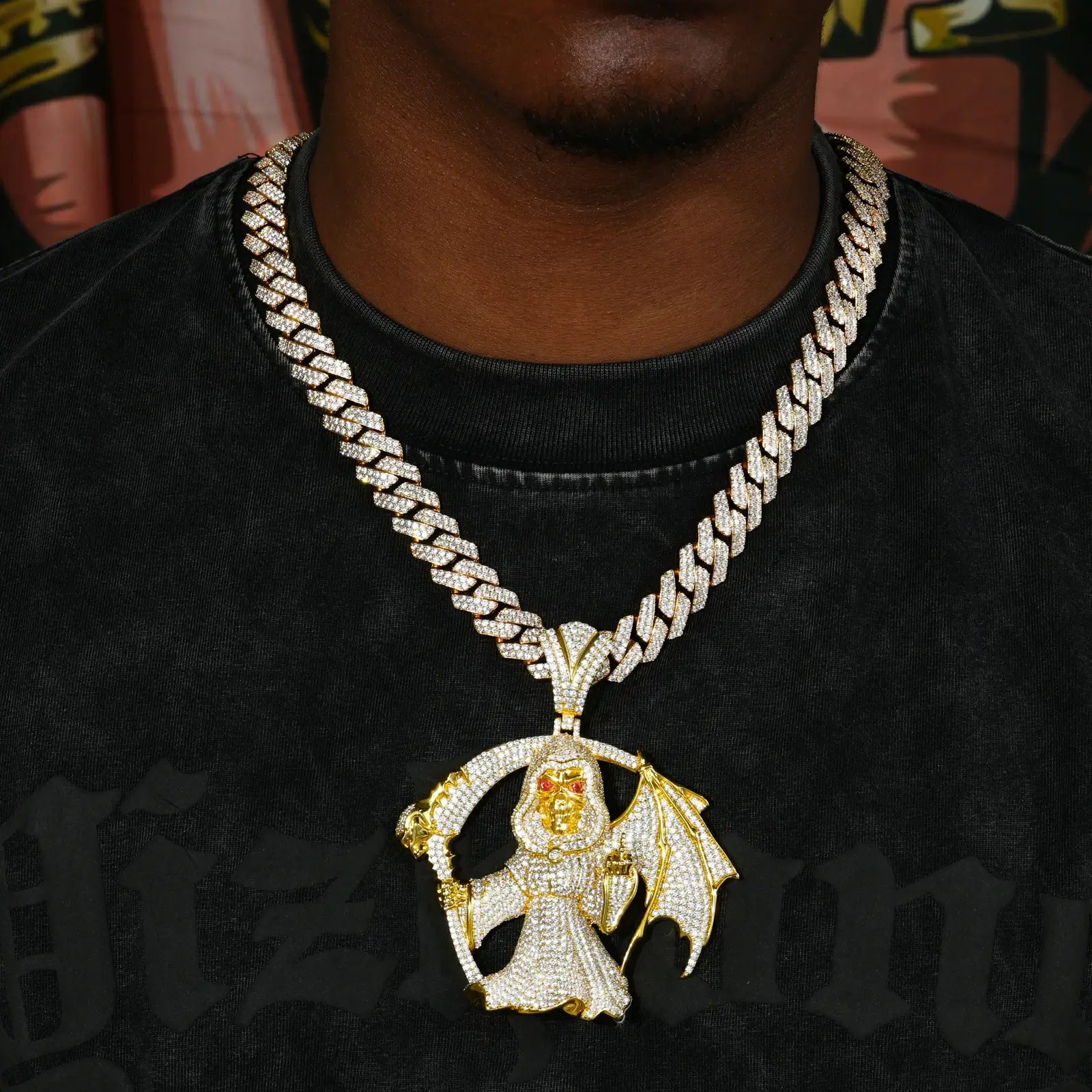 S925 Moissanite Winged Grim Reaper Pendant | One-finger Salute