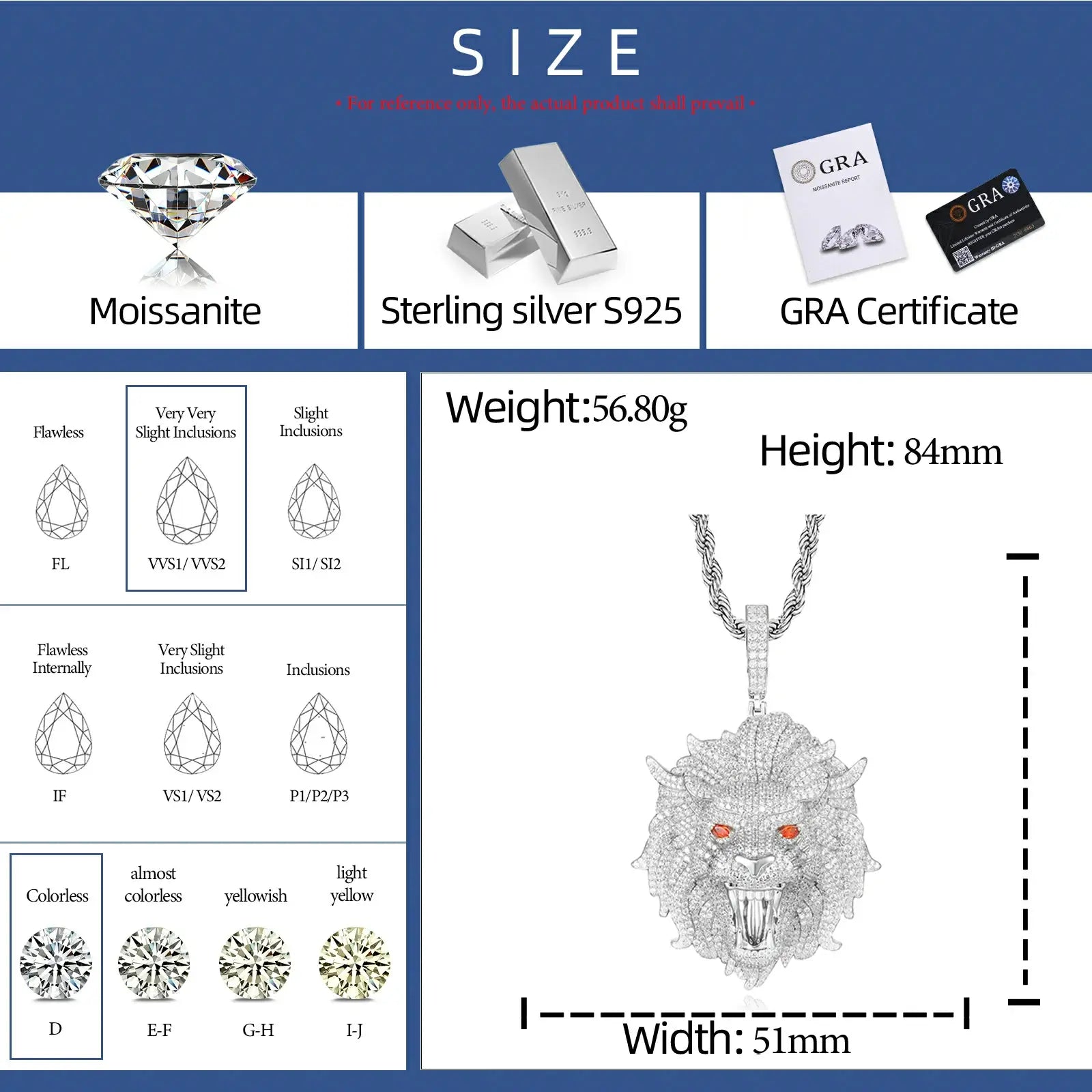 S925 Moissanite Fierce Lion Head Pendant