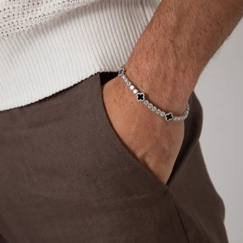 4mm 925 sterling silver moissanite tennis bracelet four leaf clover agate pocket style — streetwear trend, agate clover detail, moissanite shine, 925 silver longevity