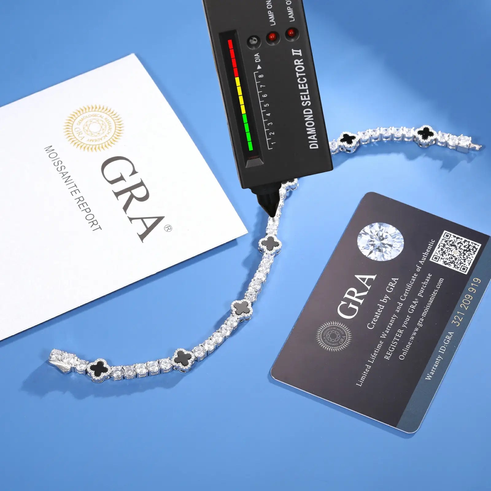 4mm 925 sterling silver moissanite tennis bracelet with four leaf clover agate — GRA certified, diamond tester verification, moissanite sparkle, hypoallergenic 925 silver