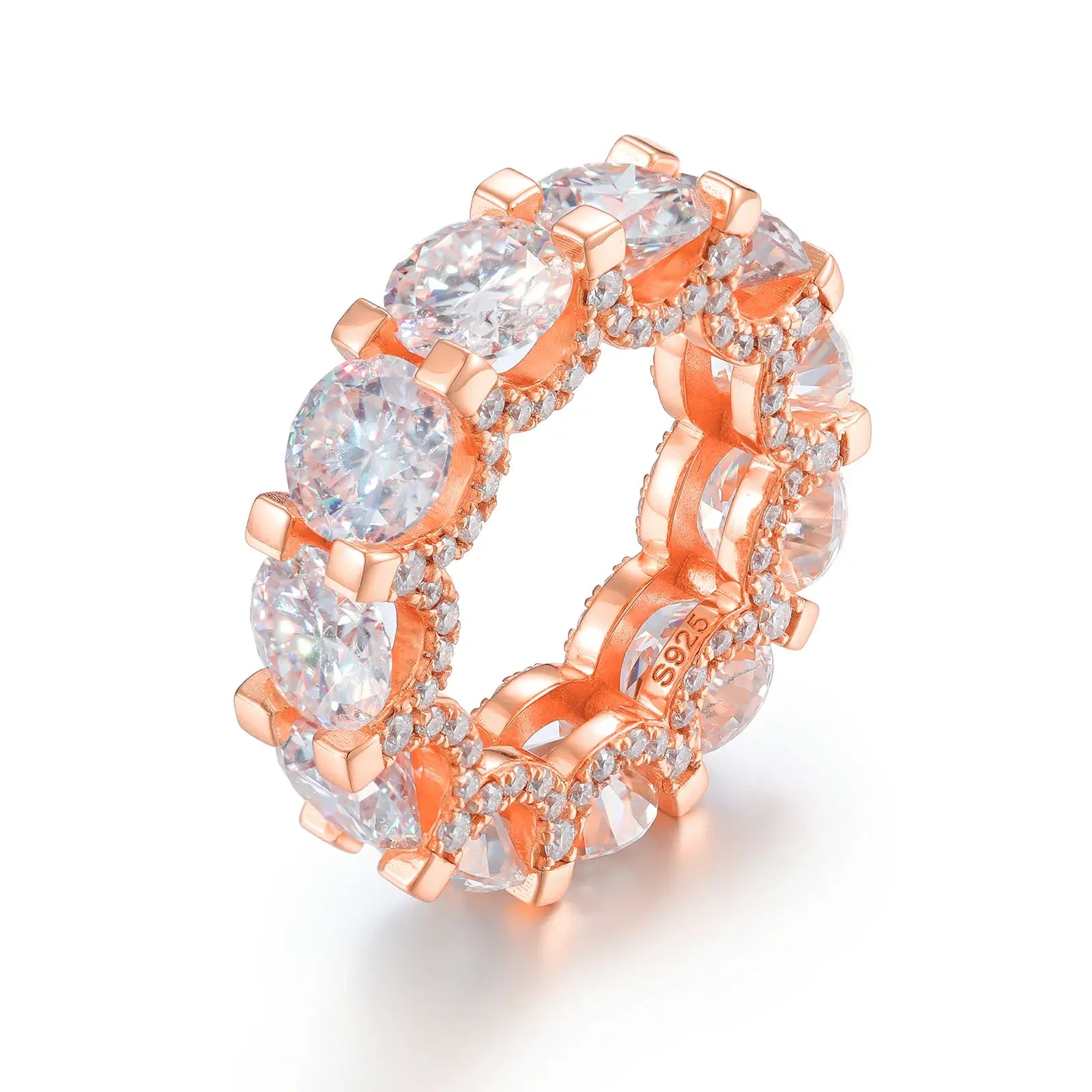 Rose gold moissanite cluster eternity engagement ring, blending romantic hues with lab-created stone brilliance for unique proposals.