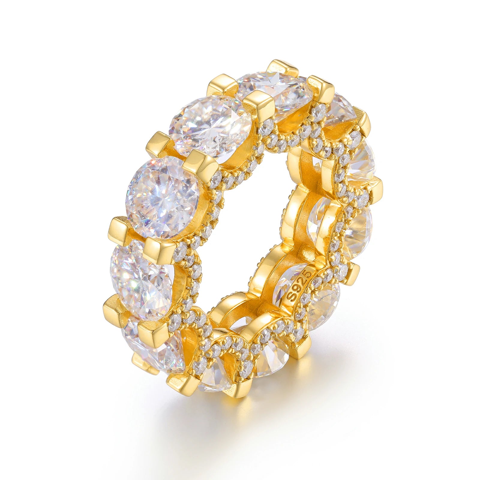 Yellow gold moissanite eternity ring on white background, radiating timeless elegance and 2.5x diamond-like sparkle.