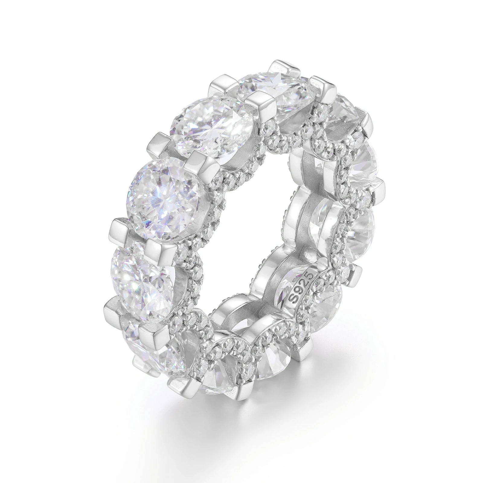 6.5mm white gold moissanite eternity ring isolated on white background, showcasing icy brilliance and S925 silver durability.